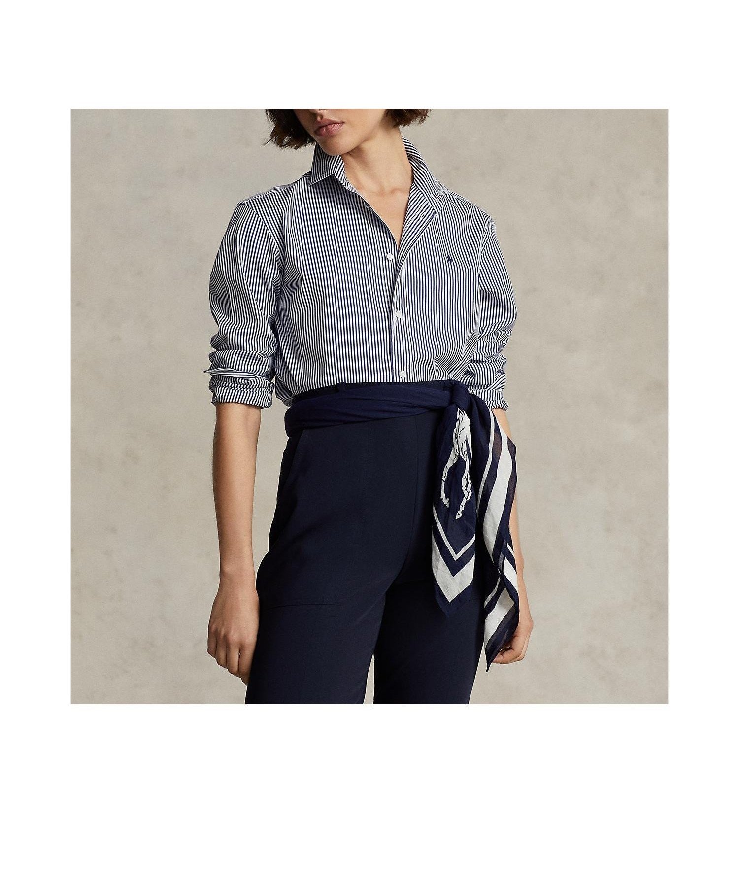 【ラルフローレン/RALPH LAUREN】のストライプド コットン シャツ インテリア・キッズ・メンズ・レディースファッション・服の通販 founy(ファニー) 　ファッション　Fashion　レディースファッション　Fashion for Women　トップス・カットソー　Cut & Sew Tops　シャツ・ブラウス・オフィスカジュアル　Elegant Blouses & Button-Ups　カフス　Cuff Design　ストライプ　Stripe, Striped Pattern　ストレート　Straight, Straight Cut　長袖　Long Sleeve, Full Sleeve　パール　Pearl, Pearl Accent　フィット　Fit, Slim Fit　ヨーク　Yoke, Yoke Design　ラウンド　Round, Round Neck　100ブルー|ID: prp329100004795753 ipo3291000000034937640