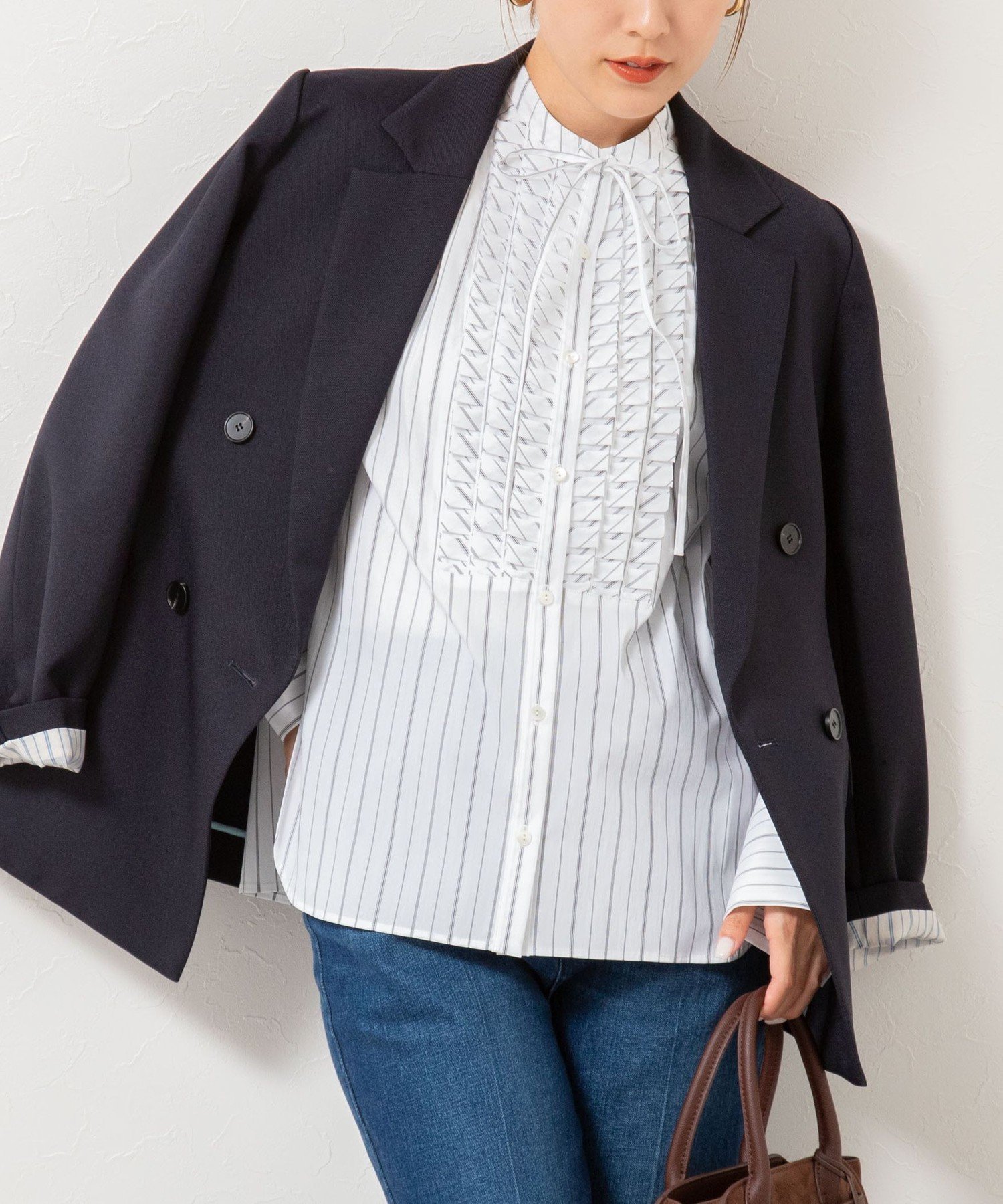 【ノーリーズ/NOLLEY'S】の【MARILYN MOON/マリリーンムーン】タックフリルストライプブラウス 人気、トレンドファッション・服の通販 founy(ファニー) 　ファッション　Fashion　レディースファッション　Fashion for Women　トップス・カットソー　Cut & Sew Tops　シャツ・ブラウス・オフィスカジュアル　Elegant Blouses & Button-Ups　エレガント 上品　Elegant　オケージョン　Occasion Wear　カフス　Cuff Design　クラシック　Classic, Timeless Style　ストライプ　Stripe, Striped Pattern　フィット　Fit, Slim Fit　フリル　Frill, Ruffle　モダン　Modern, Contemporary　リボン　Ribbon, Bow　おすすめ　Recommended / Our Picks　ビジネス 仕事 通勤　Business / Work / Commuting　2025年　2025　2025-2026秋冬・A/W　Autumn/Winter 2025–26 AW25–26　 other-1|ID: prp329100004795805 ipo3291000000034794858