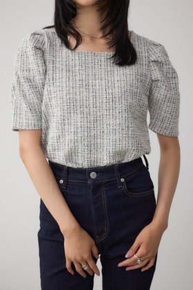 【アズール バイ マウジー/AZUL by moussy】のカットツイード袖ギャザートップス 人気、トレンドファッション・服の通販 founy(ファニー) ファッション Fashion レディースファッション Fashion for Women トップス・カットソー Cut & Sew Tops スクエア Square, Square Shape ストレッチ Stretch, Stretchy Fabric ツイード Twill, Twill Weave デニム Denim, Jeans Material ミックス Mix, Mixed Style エレガント 上品 Elegant |ID:prp329100004795909