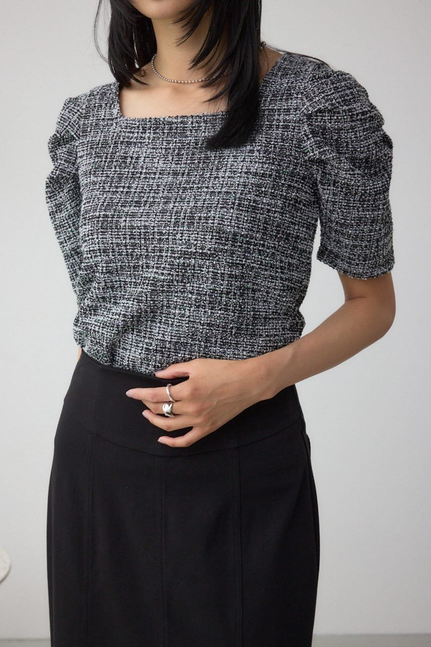 【アズール バイ マウジー/AZUL by moussy】のカットツイード袖ギャザートップス インテリア・キッズ・メンズ・レディースファッション・服の通販 founy(ファニー) 　ファッション　Fashion　レディースファッション　Fashion for Women　トップス・カットソー　Cut & Sew Tops　スクエア　Square, Square Shape　ストレッチ　Stretch, Stretchy Fabric　ツイード　Twill, Twill Weave　デニム　Denim, Jeans Material　ミックス　Mix, Mixed Style　エレガント 上品　Elegant　BLK|ID: prp329100004795909 ipo3291000000034795389