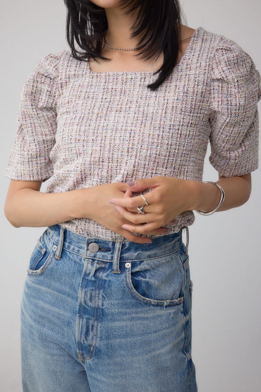 【アズール バイ マウジー/AZUL by moussy】のカットツイード袖ギャザートップス インテリア・キッズ・メンズ・レディースファッション・服の通販 founy(ファニー) 　ファッション　Fashion　レディースファッション　Fashion for Women　トップス・カットソー　Cut & Sew Tops　スクエア　Square, Square Shape　ストレッチ　Stretch, Stretchy Fabric　ツイード　Twill, Twill Weave　デニム　Denim, Jeans Material　ミックス　Mix, Mixed Style　エレガント 上品　Elegant　RED|ID: prp329100004795909 ipo3291000000034795390