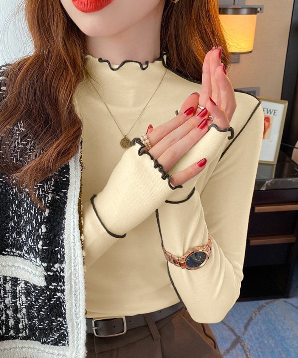 【ミニミニストア/miniministore】のパイピングトップス ヒートインナー微起毛 インテリア・キッズ・メンズ・レディースファッション・服の通販 founy(ファニー) 　ファッション　Fashion　レディースファッション　Fashion for Women　トップス・カットソー　Cut & Sew Tops　インナー　Innerwear　シンプル　Simple, Minimal　ストレッチ　Stretch, Stretchy Fabric　スラックス　Slacks, Dress Pants　デニム　Denim, Jeans Material　長袖　Long Sleeve, Full Sleeve　パイピング　Piping, Trim Design　フィット　Fit, Slim Fit　フリル　Frill, Ruffle　フレア　Flare, Flared　防寒　Cold Protection, Winter-Ready　無地　Plain, Solid Color　ロング　Long, Long-Length　A/W・秋冬　Autumn/Winter　おすすめ　Recommended / Our Picks　クリーム色|ID: prp329100004795982 ipo3291000000034795779