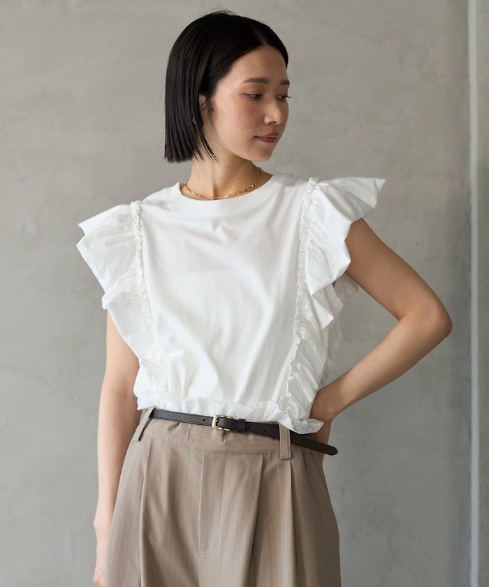 【フリークスストア/FREAK'S STORE】のオーガニックコットン フリルトップス / 肩フリルデザイントップス / バックスリットフレンチスリーブTシャツ 25SS 人気、トレンドファッション・服の通販 founy(ファニー) ファッション Fashion レディースファッション Fashion for Women トップス・カットソー Cut & Sew Tops シャツ・ブラウス・オフィスカジュアル Elegant Blouses & Button-Ups ロングTシャツ・Tシャツ Longline T-Shirts & Tees カットソー Cut and Sewn Top スリット Slit, Slit Detail デニム Denim, Jeans Material 人気 Popular, Best Seller フリル Frill, Ruffle S/S・春夏 SS, Spring/Summer, Warm Season おすすめ Recommended / Our Picks 夏 Summer 2025年 2025 2025春夏・S/S Spring/Summer 2025 SS25 other-1|ID: prp329100004796017 ipo3291000000034795916