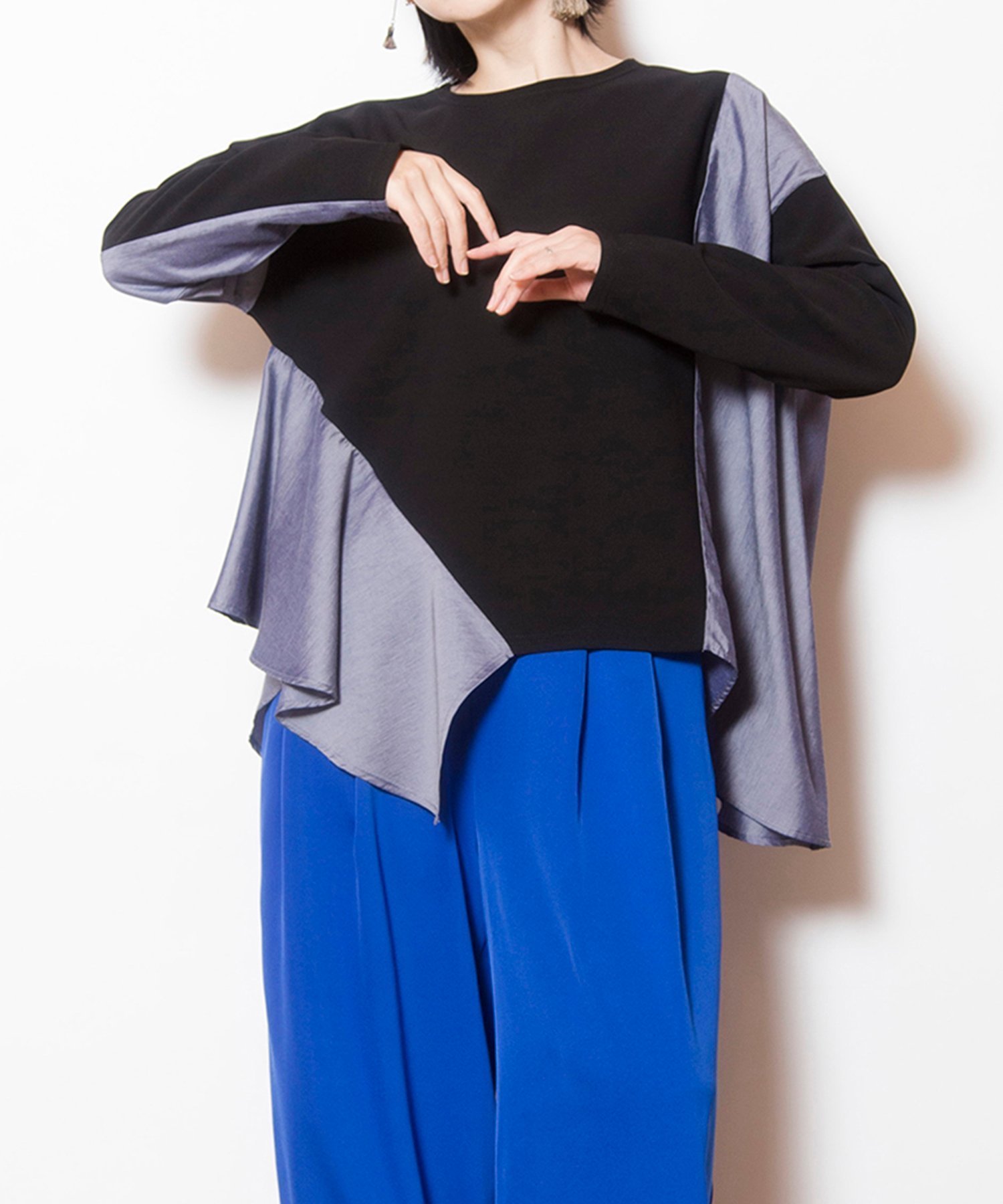 【オズモーシス/OSMOSIS】のアシンメトリー切替フレアープルオーバー インテリア・キッズ・メンズ・レディースファッション・服の通販 founy(ファニー) 　ファッション　Fashion　レディースファッション　Fashion for Women　トップス・カットソー　Cut & Sew Tops　カジュアルプルオーバー・ニットトップス　Pullovers & Knit Tops / Casual Pullovers　アシンメトリー　Asymmetrical Style　カットソー　Cut and Sewn Top　フレア　Flare, Flared　再入荷　Restock / Back in Stock　切替　Switching, Contrast Panel　A/W・秋冬　Autumn/Winter　BLUE|ID: prp329100004796115 ipo3291000000034796387