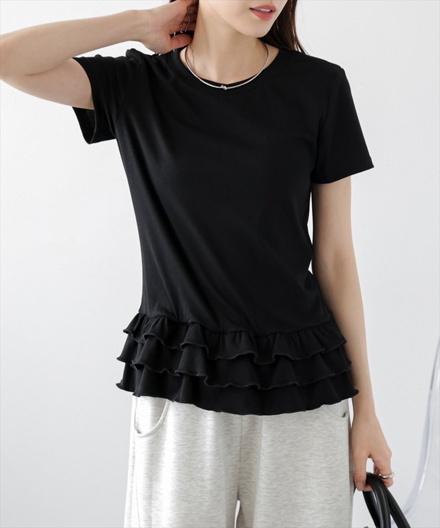 【ラジュール/Lajour】のフリルヘムTシャツ インテリア・キッズ・メンズ・レディースファッション・服の通販 founy(ファニー) ファッション Fashion レディースファッション Fashion for Women トップス・カットソー Cut & Sew Tops シャツ・ブラウス・オフィスカジュアル Elegant Blouses & Button-Ups ロングTシャツ・Tシャツ Longline T-Shirts & Tees おすすめ Recommended / Our Picks カーディガン Cardigan, Knitwear ギャザー Gathered, Ruffled シンプル Simple, Minimal ジャケット Jacket, Outerwear フェミニン Feminine, Girly フリル Frill, Ruffle 半袖 Short Sleeve, Half Sleeve ブラック|ID: prp329100004796249 ipo3291000000034878666