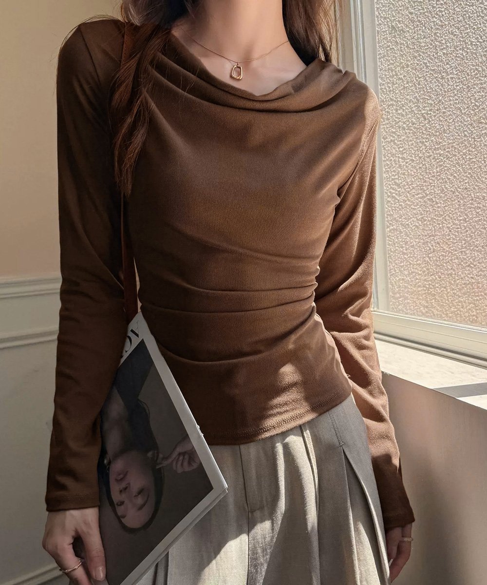 【ミニミニストア/miniministore】のドレープネックTシャツ 長袖トップス春秋 インテリア・キッズ・メンズ・レディースファッション・服の通販 founy(ファニー) 　ファッション　Fashion　レディースファッション　Fashion for Women　トップス・カットソー　Cut & Sew Tops　シャツ・ブラウス・オフィスカジュアル　Elegant Blouses & Button-Ups　ロングTシャツ・Tシャツ　Longline T-Shirts & Tees　とろみ　Fluid, Flowy Fabric　なめらか　Smooth, Silky Texture　インナー　Innerwear　カットソー　Cut and Sewn Top　スラックス　Slacks, Dress Pants　デニム　Denim, Jeans Material　エレガント 上品　Elegant　無地　Plain, Solid Color　秋　Autumn　ビジネス 仕事 通勤　Business / Work / Commuting　長袖　Long Sleeve, Full Sleeve　ブラウン|ID: prp329100004796307 ipo3291000000034797908