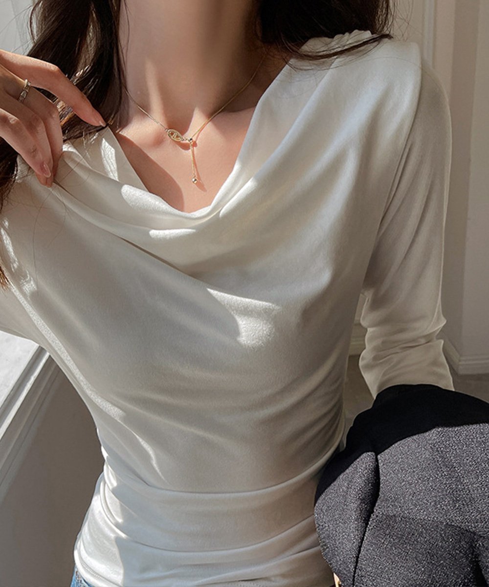【ミニミニストア/miniministore】のドレープネックTシャツ 長袖トップス春秋 インテリア・キッズ・メンズ・レディースファッション・服の通販 founy(ファニー) 　ファッション　Fashion　レディースファッション　Fashion for Women　トップス・カットソー　Cut & Sew Tops　シャツ・ブラウス・オフィスカジュアル　Elegant Blouses & Button-Ups　ロングTシャツ・Tシャツ　Longline T-Shirts & Tees　とろみ　Fluid, Flowy Fabric　なめらか　Smooth, Silky Texture　インナー　Innerwear　カットソー　Cut and Sewn Top　スラックス　Slacks, Dress Pants　デニム　Denim, Jeans Material　エレガント 上品　Elegant　無地　Plain, Solid Color　秋　Autumn　ビジネス 仕事 通勤　Business / Work / Commuting　長袖　Long Sleeve, Full Sleeve　ホワイト|ID: prp329100004796307 ipo3291000000034797911