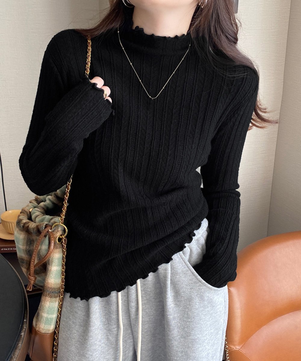 【ミニミニストア/miniministore】のニットソー 長袖 プチハイネック 韓国風 インテリア・キッズ・メンズ・レディースファッション・服の通販 founy(ファニー) 　ファッション　Fashion　レディースファッション　Fashion for Women　トップス・カットソー　Cut & Sew Tops　ニット　Knit Tops & Sweaters　アクリル　Acrylic Material　イエロー　Yellow　秋　Autumn　ニットソー　Knit-Sewn, Cut & Sew Knit　長袖　Long Sleeve, Full Sleeve　ハイネック　High Neck, Mock Neck　ベーシック　Basic, Essential　冬　Winter / This Winter　A/W・秋冬　Autumn/Winter　ビジネス 仕事 通勤　Business / Work / Commuting　ブラック|ID: prp329100004796331 ipo3291000000034798124