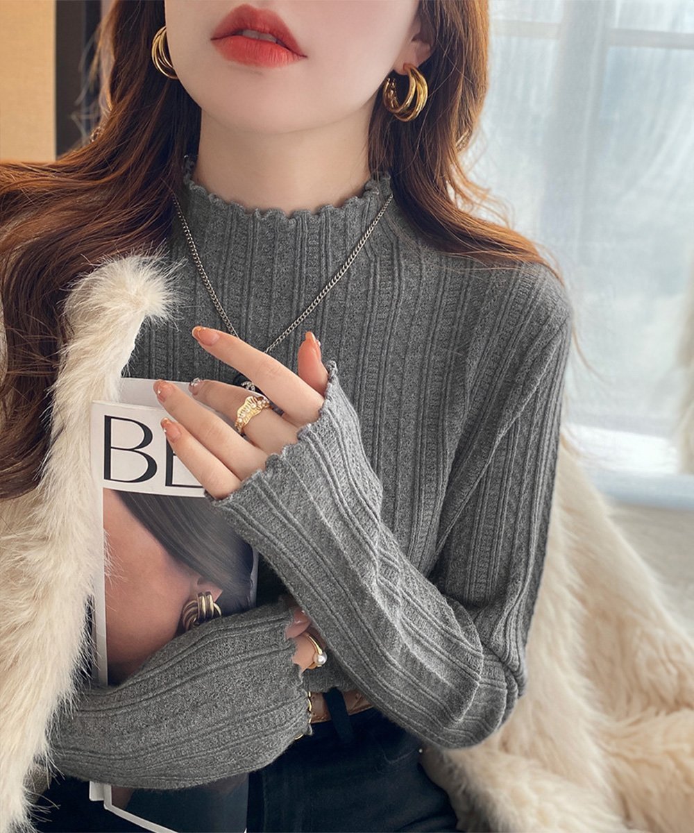 【ミニミニストア/miniministore】のニットソー 長袖 プチハイネック 韓国風 インテリア・キッズ・メンズ・レディースファッション・服の通販 founy(ファニー) 　ファッション　Fashion　レディースファッション　Fashion for Women　トップス・カットソー　Cut & Sew Tops　ニット　Knit Tops & Sweaters　アクリル　Acrylic Material　イエロー　Yellow　秋　Autumn　ニットソー　Knit-Sewn, Cut & Sew Knit　長袖　Long Sleeve, Full Sleeve　ハイネック　High Neck, Mock Neck　ベーシック　Basic, Essential　冬　Winter / This Winter　A/W・秋冬　Autumn/Winter　ビジネス 仕事 通勤　Business / Work / Commuting　ダークグレー|ID: prp329100004796331 ipo3291000000034798128