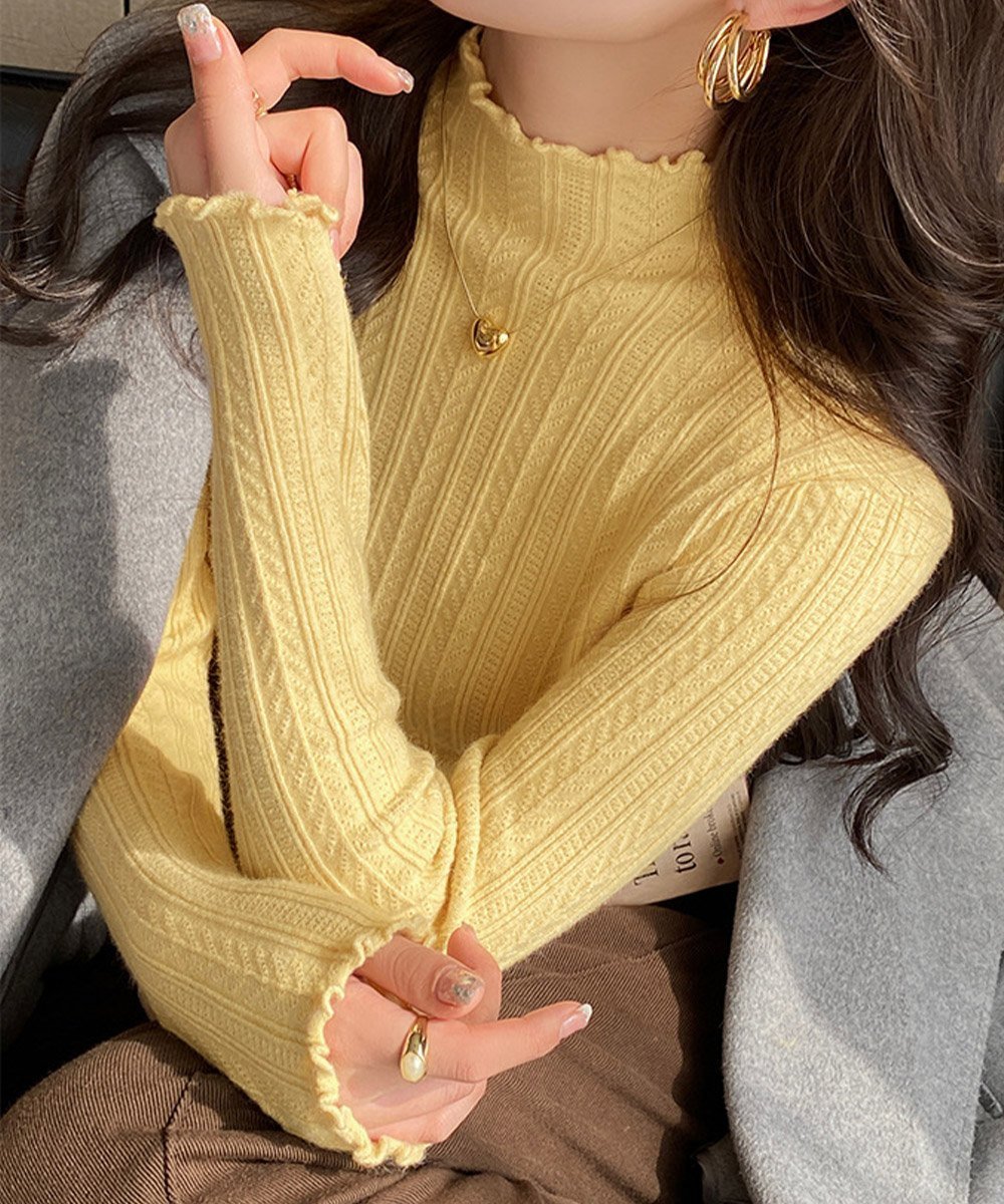 【ミニミニストア/miniministore】のニットソー 長袖 プチハイネック 韓国風 インテリア・キッズ・メンズ・レディースファッション・服の通販 founy(ファニー) 　ファッション　Fashion　レディースファッション　Fashion for Women　トップス・カットソー　Cut & Sew Tops　ニット　Knit Tops & Sweaters　アクリル　Acrylic Material　イエロー　Yellow　秋　Autumn　ニットソー　Knit-Sewn, Cut & Sew Knit　長袖　Long Sleeve, Full Sleeve　ハイネック　High Neck, Mock Neck　ベーシック　Basic, Essential　冬　Winter / This Winter　A/W・秋冬　Autumn/Winter　ビジネス 仕事 通勤　Business / Work / Commuting　ライトイエロー|ID: prp329100004796331 ipo3291000000034798138
