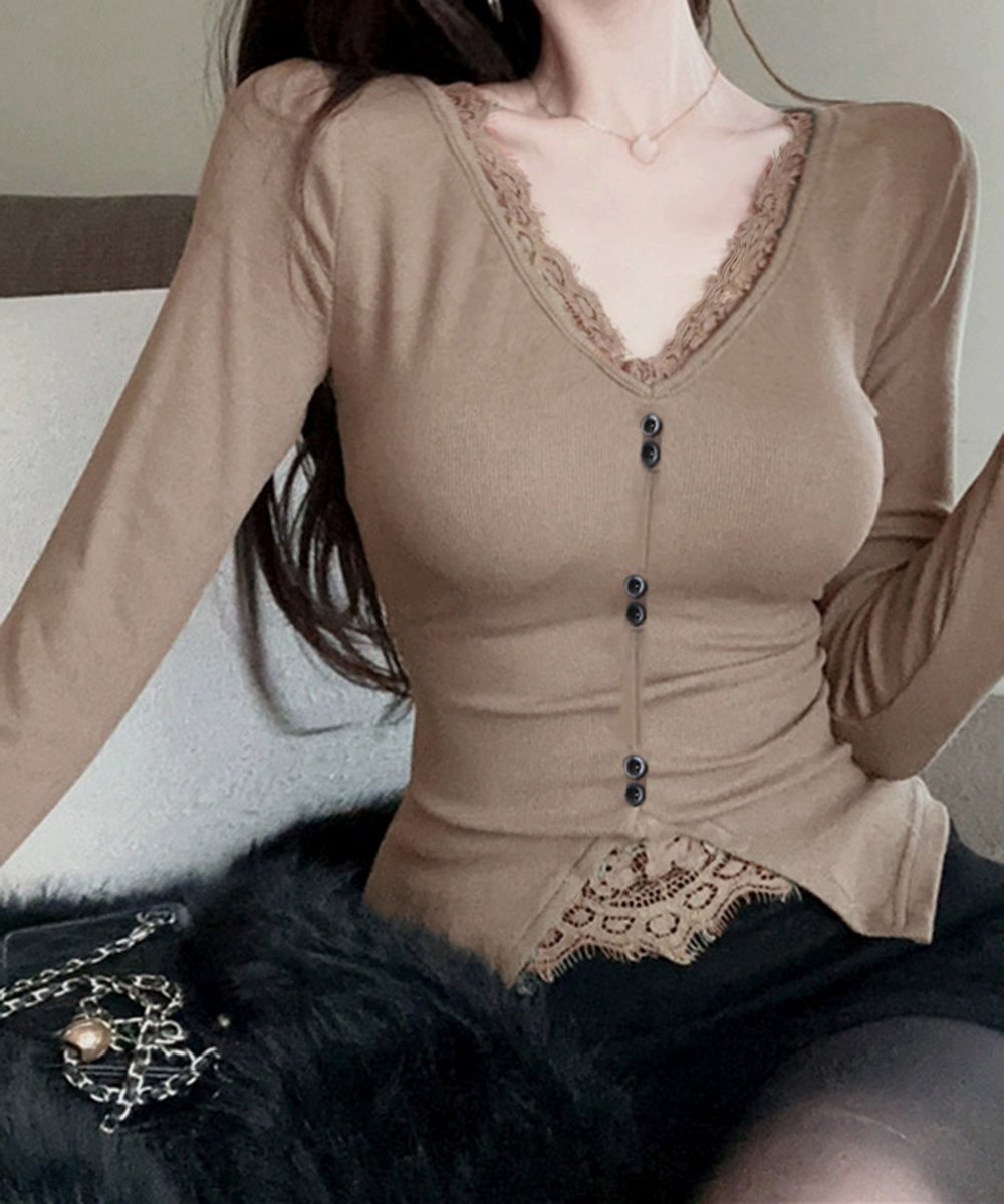 【ミニミニストア/miniministore】のカットソー レース切り替え 長袖Tシャツ インテリア・キッズ・メンズ・レディースファッション・服の通販 founy(ファニー) 　ファッション　Fashion　レディースファッション　Fashion for Women　トップス・カットソー　Cut & Sew Tops　シャツ・ブラウス・オフィスカジュアル　Elegant Blouses & Button-Ups　ロングTシャツ・Tシャツ　Longline T-Shirts & Tees　カットソー・ベーシックTシャツ　Cut-and-Sewn Tops / Stretch Tees & Basics　インナー　Innerwear　カットソー　Cut and Sewn Top　カーディガン　Cardigan, Knitwear　ジャケット　Jacket, Outerwear　デコルテ　Décolleté, Neckline　フェミニン　Feminine, Girly　レース　Lace, Lace Fabric　無地　Plain, Solid Color　A/W・秋冬　Autumn/Winter　長袖　Long Sleeve, Full Sleeve　モカ|ID: prp329100004796424 ipo3291000000034798983