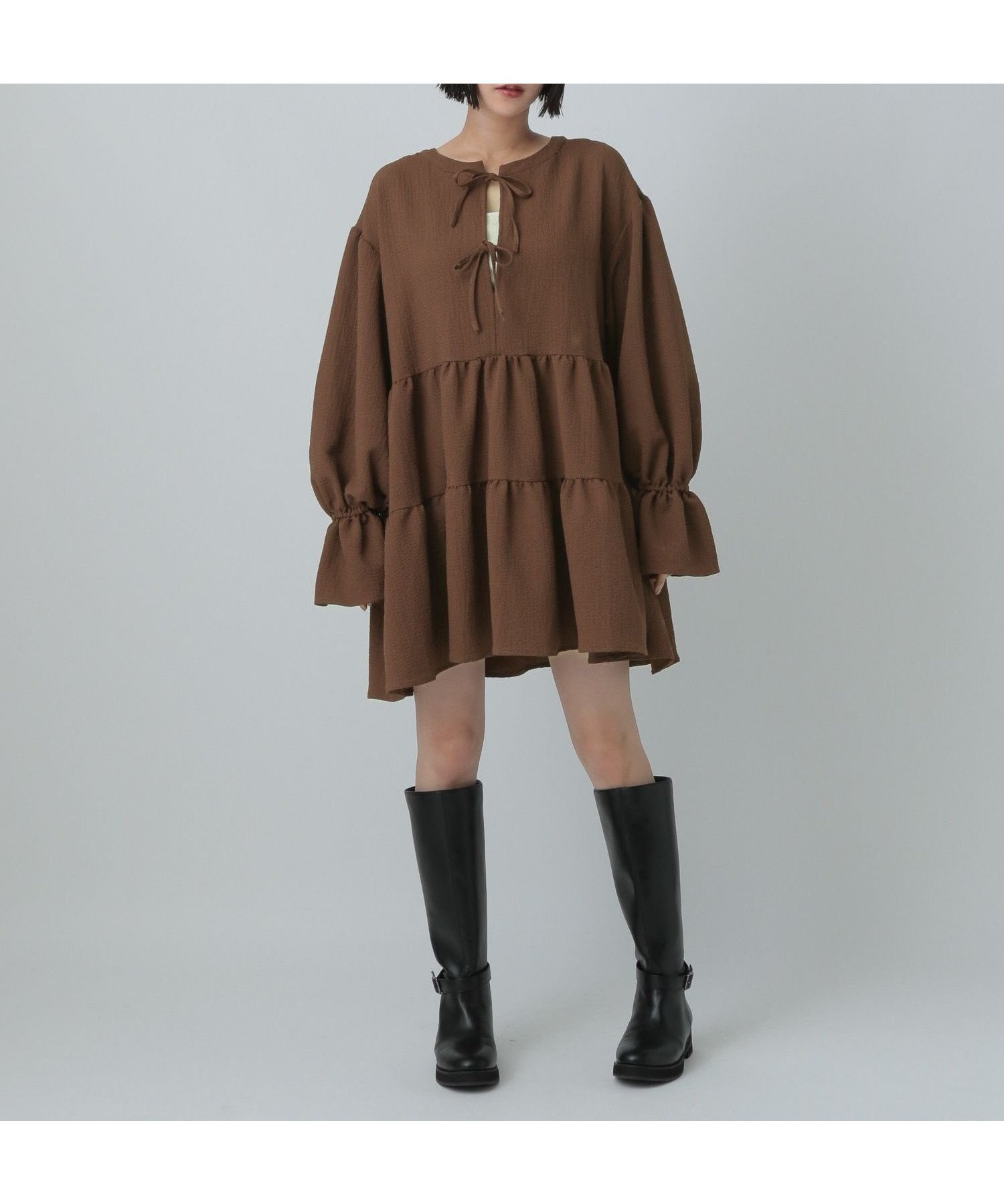 【ローリーズファーム/LOWRYS FARM】のティアードミニワンピースLS インテリア・キッズ・メンズ・レディースファッション・服の通販 founy(ファニー) 　ファッション　Fashion　レディースファッション　Fashion for Women　ワンピース　Dresses　おすすめ　Recommended / Our Picks　ジャケット　Jacket, Outerwear　ストレッチ　Stretch, Stretchy Fabric　チュニック　Tunic, Long Top　ティアード　Tiered, Tiered Style　デニム　Denim, Jeans Material　フレア　Flare, Flared　フロント　Front, Front Design　リボン　Ribbon, Bow　ブラウン55|ID: prp329100004796545 ipo3291000000034974876