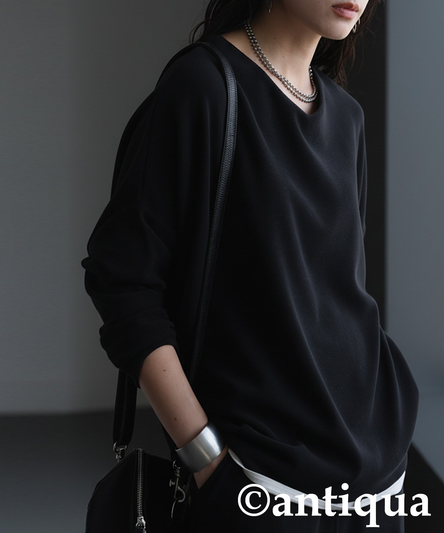 【アンティカ/antiqua】のantiqua アンティカ トップス 起毛 リブ 長袖 AY-00081 インテリア・キッズ・メンズ・レディースファッション・服の通販 founy(ファニー) 　ファッション　Fashion　レディースファッション　Fashion for Women　トップス・カットソー　Cut & Sew Tops　セットアップ　Set-Up, Coordinated Outfit　長袖　Long Sleeve, Full Sleeve　バランス　Balance, Style Balance　パープル　Purple, Violet　無地　Plain, Solid Color　リラックス　Relax, Relaxed Fit　A/W・秋冬　Autumn/Winter　05 ブラック/Vネック|ID: prp329100004796564 ipo3291000000035140942