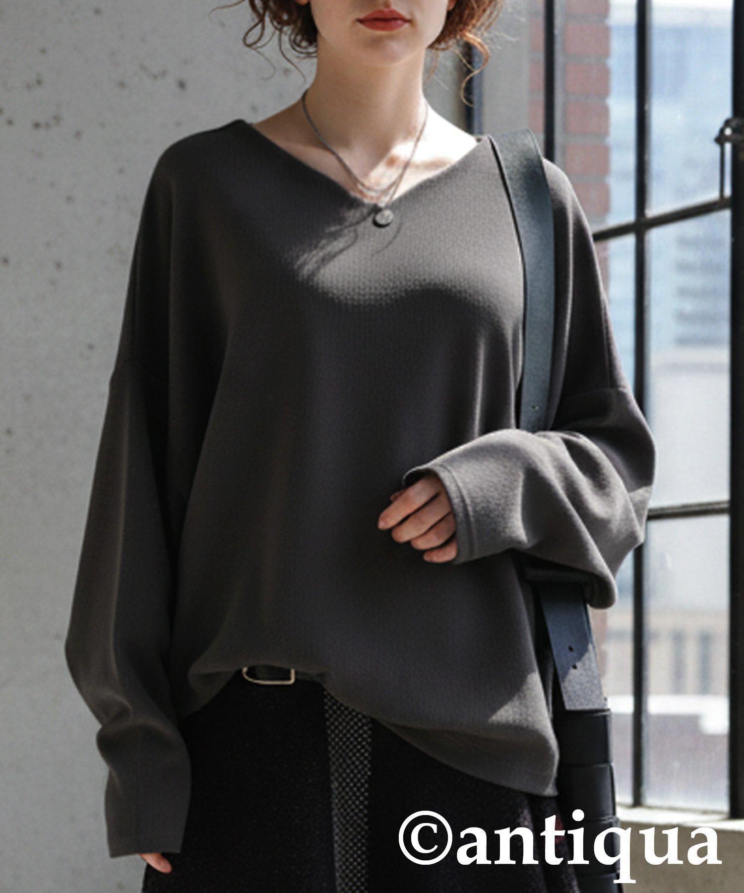 【アンティカ/antiqua】のantiqua アンティカ トップス 起毛 リブ 長袖 AY-00081 インテリア・キッズ・メンズ・レディースファッション・服の通販 founy(ファニー) 　ファッション　Fashion　レディースファッション　Fashion for Women　トップス・カットソー　Cut & Sew Tops　セットアップ　Set-Up, Coordinated Outfit　長袖　Long Sleeve, Full Sleeve　バランス　Balance, Style Balance　パープル　Purple, Violet　無地　Plain, Solid Color　リラックス　Relax, Relaxed Fit　A/W・秋冬　Autumn/Winter　16 ダークグレー/Vネック|ID: prp329100004796564 ipo3291000000035140945