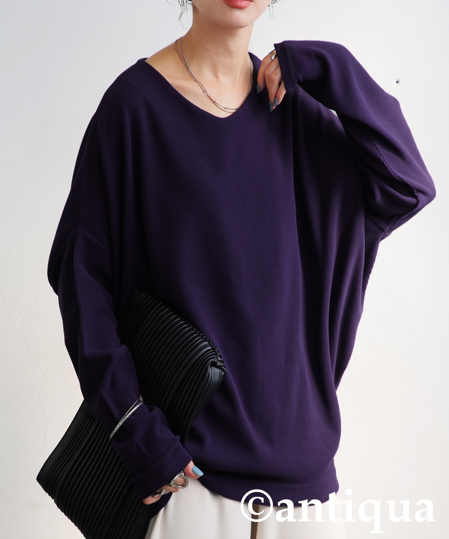 【アンティカ/antiqua】のantiqua アンティカ トップス 起毛 リブ 長袖 AY-00081 インテリア・キッズ・メンズ・レディースファッション・服の通販 founy(ファニー) 　ファッション　Fashion　レディースファッション　Fashion for Women　トップス・カットソー　Cut & Sew Tops　セットアップ　Set-Up, Coordinated Outfit　長袖　Long Sleeve, Full Sleeve　バランス　Balance, Style Balance　パープル　Purple, Violet　無地　Plain, Solid Color　リラックス　Relax, Relaxed Fit　A/W・秋冬　Autumn/Winter　23 パープル/Vネック|ID: prp329100004796564 ipo3291000000035140946