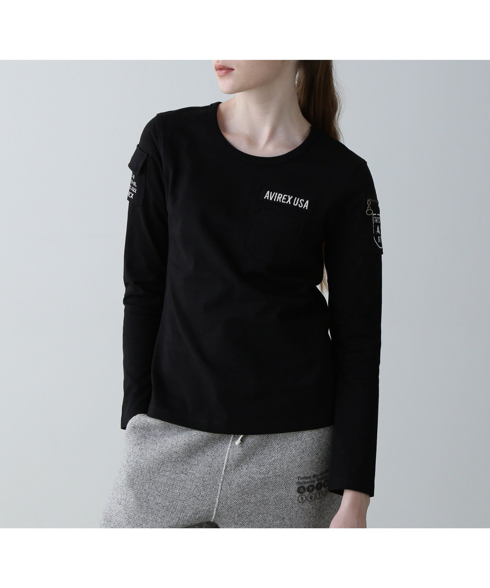 【アヴィレックス/AVIREX】のFATIGUE L/S T-SHIRT/ ファティーグロングスリーブTシャツ インテリア・キッズ・メンズ・レディースファッション・服の通販 founy(ファニー) 　ファッション　Fashion　レディースファッション　Fashion for Women　トップス・カットソー　Cut & Sew Tops　シャツ・ブラウス・オフィスカジュアル　Elegant Blouses & Button-Ups　ロングTシャツ・Tシャツ　Longline T-Shirts & Tees　スリーブ　Sleeve, Long Sleeve / Short Sleeve　定番　Standard, Basic Item　ポケット　Pocket, Pocket Detail　ミリタリー　Military, Army Style　ロング　Long, Long-Length　ブラック|ID: prp329100004796639 ipo3291000000034995399