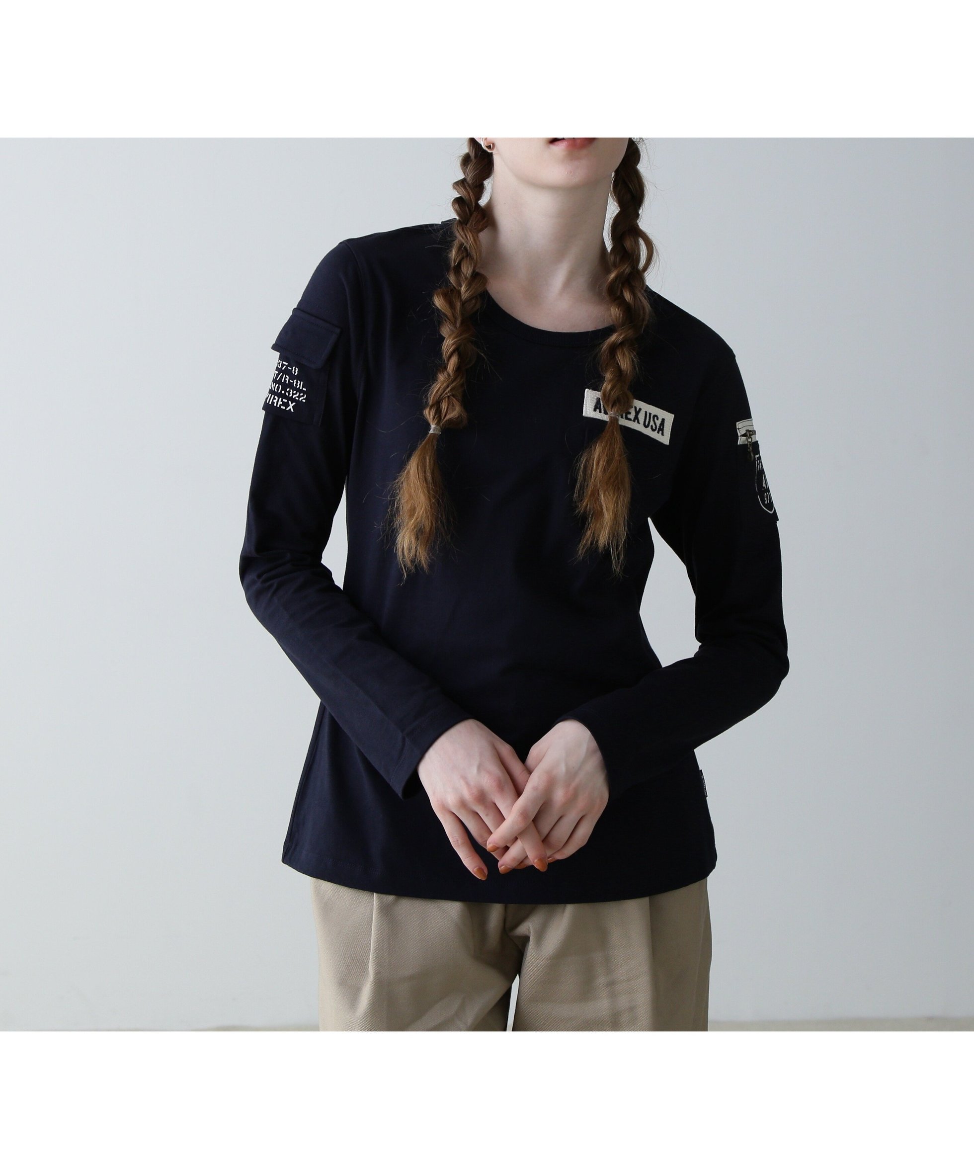 【アヴィレックス/AVIREX】のFATIGUE L/S T-SHIRT/ ファティーグロングスリーブTシャツ インテリア・キッズ・メンズ・レディースファッション・服の通販 founy(ファニー) 　ファッション　Fashion　レディースファッション　Fashion for Women　トップス・カットソー　Cut & Sew Tops　シャツ・ブラウス・オフィスカジュアル　Elegant Blouses & Button-Ups　ロングTシャツ・Tシャツ　Longline T-Shirts & Tees　スリーブ　Sleeve, Long Sleeve / Short Sleeve　定番　Standard, Basic Item　ポケット　Pocket, Pocket Detail　ミリタリー　Military, Army Style　ロング　Long, Long-Length　ネイビー|ID: prp329100004796639 ipo3291000000034995401