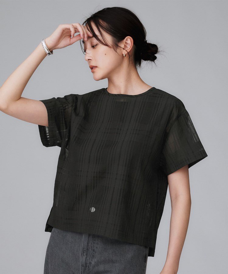 【アンタイトル/UNTITLED】の【セットアップ可/エレガント】シアーチェックTブラウス 人気、トレンドファッション・服の通販 founy(ファニー) 　ファッション　Fashion　レディースファッション　Fashion for Women　トップス・カットソー　Cut & Sew Tops　シャツ・ブラウス・オフィスカジュアル　Elegant Blouses & Button-Ups　おすすめ　Recommended / Our Picks　エレガント 上品　Elegant　シアー　Sheer, See-Through　シンプル　Simple, Minimal　スマート　Smart, Elegant　スリット　Slit, Slit Detail　セットアップ　Set-Up, Coordinated Outfit　チェック　Check, Plaid, Tartan　デニム　Denim, Jeans Material　ビンテージ　Vintage, Retro Style　ボトム　Bottoms, Lower Wear　 other-1|ID: prp329100004796759 ipo3291000000034802449