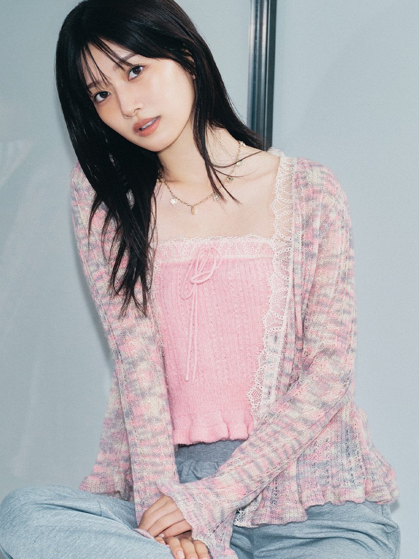 【リリーブラウン/Lily Brown】のレーストリムニットアンサンブル インテリア・キッズ・メンズ・レディースファッション・服の通販 founy(ファニー) 　ファッション　Fashion　レディースファッション　Fashion for Women　トップス・カットソー　Cut & Sew Tops　ニット　Knit Tops & Sweaters　アンサンブルニット　Knit Ensembles & Twin Sets　おすすめ　Recommended / Our Picks　アンサンブル　Ensemble Set　インナー　Innerwear　カーディガン　Cardigan, Knitwear　キャミソール　Camisole, Spaghetti Strap Top　スマート　Smart, Elegant　デニム　Denim, Jeans Material　フェミニン　Feminine, Girly　レース　Lace, Lace Fabric　透かし　Cut-Out, Lacework　PNK[066]|ID: prp329100004797003 ipo3291000000035098018