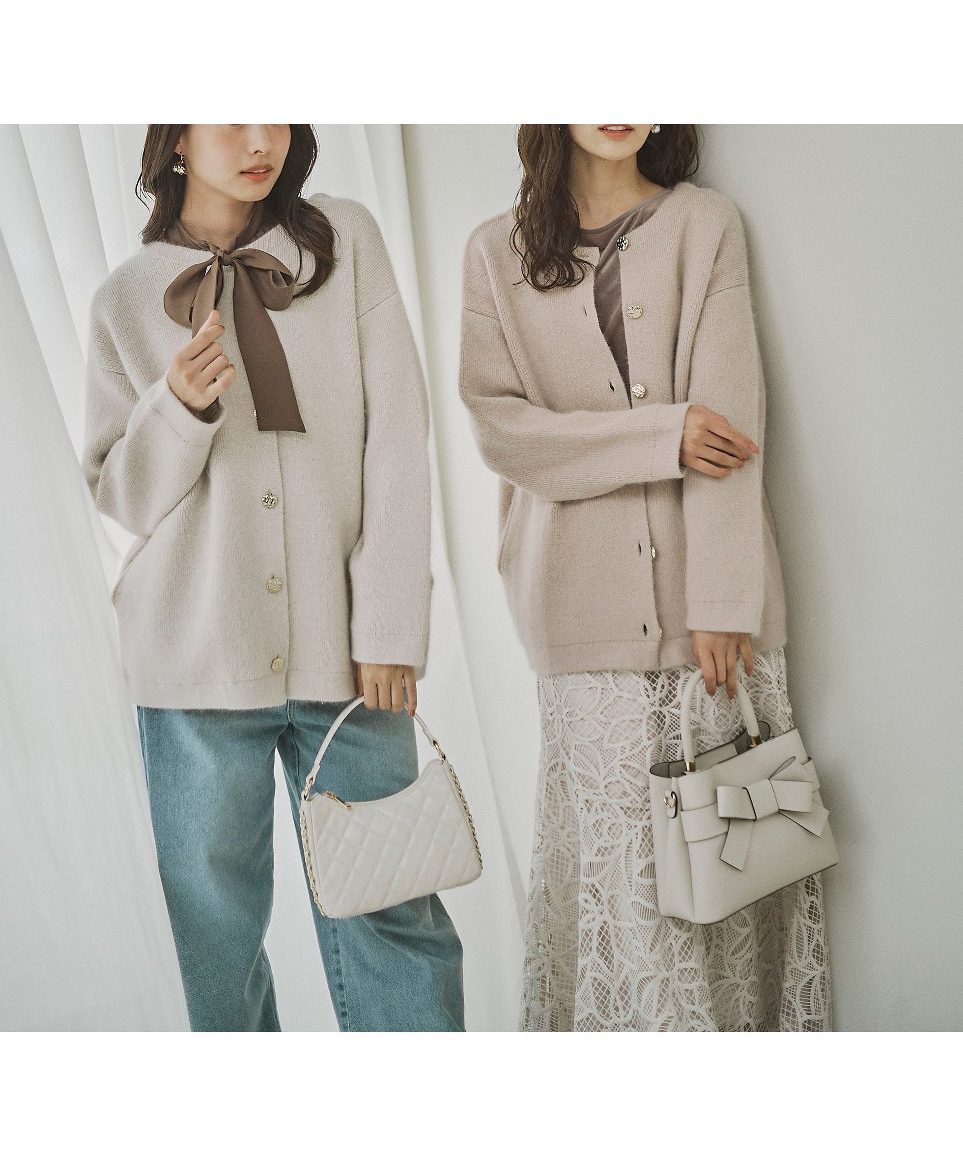 【プロポーション ボディドレッシング/PROPORTION BODY DRESSING】のFOX混ダブルフェイスニットカーディガン 25AW インテリア・キッズ・メンズ・レディースファッション・服の通販 founy(ファニー) 　ファッション　Fashion　レディースファッション　Fashion for Women　トップス・カットソー　Cut & Sew Tops　ニット　Knit Tops & Sweaters　カーディガン・羽織り　Layered Style Cardigans　2025年　2025　2025-2026秋冬・A/W　Autumn/Winter 2025–26 AW25–26　カーディガン　Cardigan, Knitwear　ダブル　Double, Double-Breasted　フェイス　Face, Facial Design　メタル　Metal, Metal Parts　冬　Winter / This Winter　アイボリー×グレー2|ID: prp329100004797861 ipo3291000000034811557