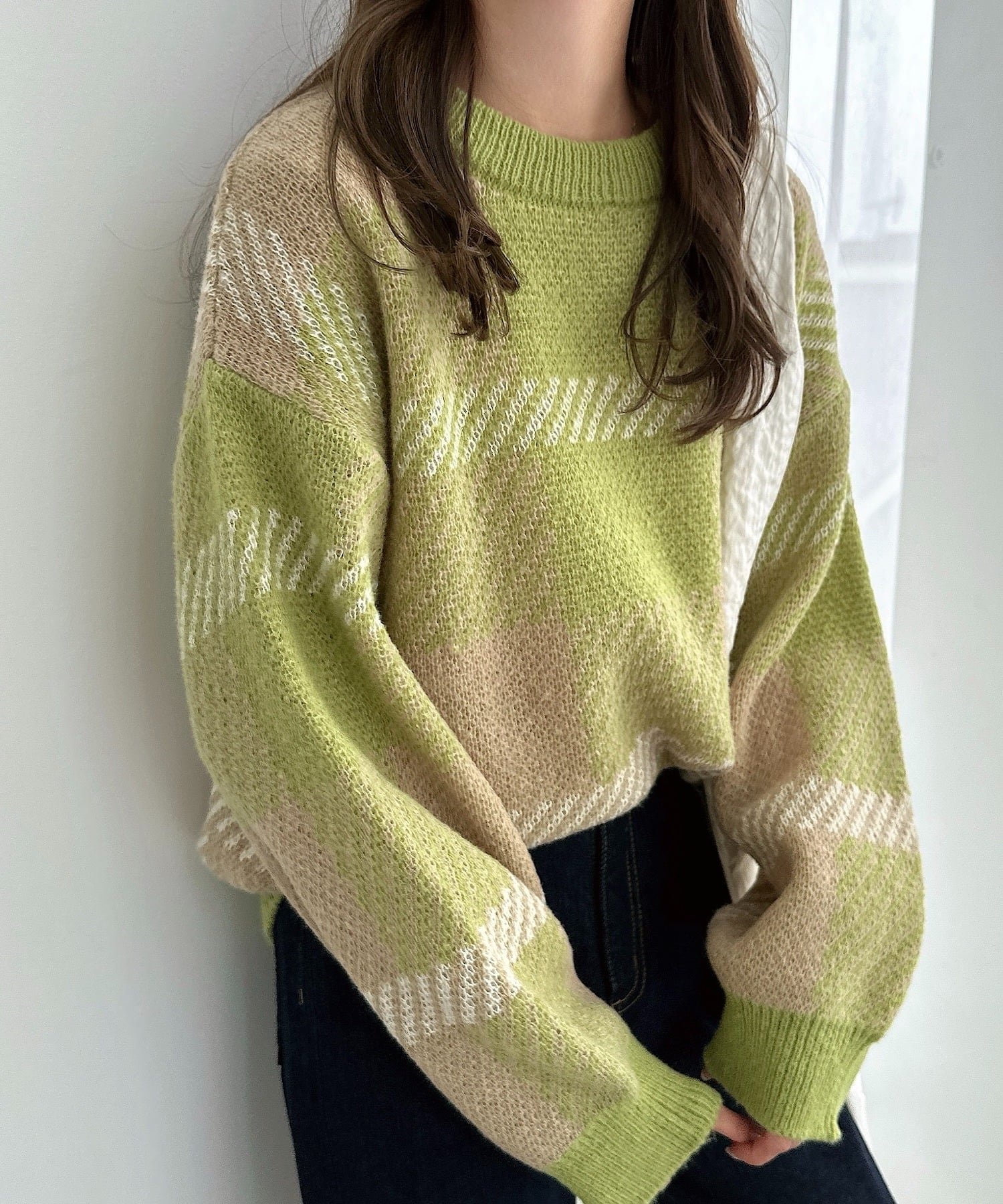 【アンドミー/andme】のモヘアライク チェックジャガード ニットトップス インテリア・キッズ・メンズ・レディースファッション・服の通販 founy(ファニー) ファッション Fashion レディースファッション Fashion for Women トップス・カットソー Cut & Sew Tops ニット Knit Tops & Sweaters コンパクト Compact, Small Size チェック Check, Plaid, Tartan バランス Balance, Style Balance ボトム Bottoms, Lower Wear 冬 Winter / This Winter グリーン|ID: prp329100004797871 ipo3291000000034811631