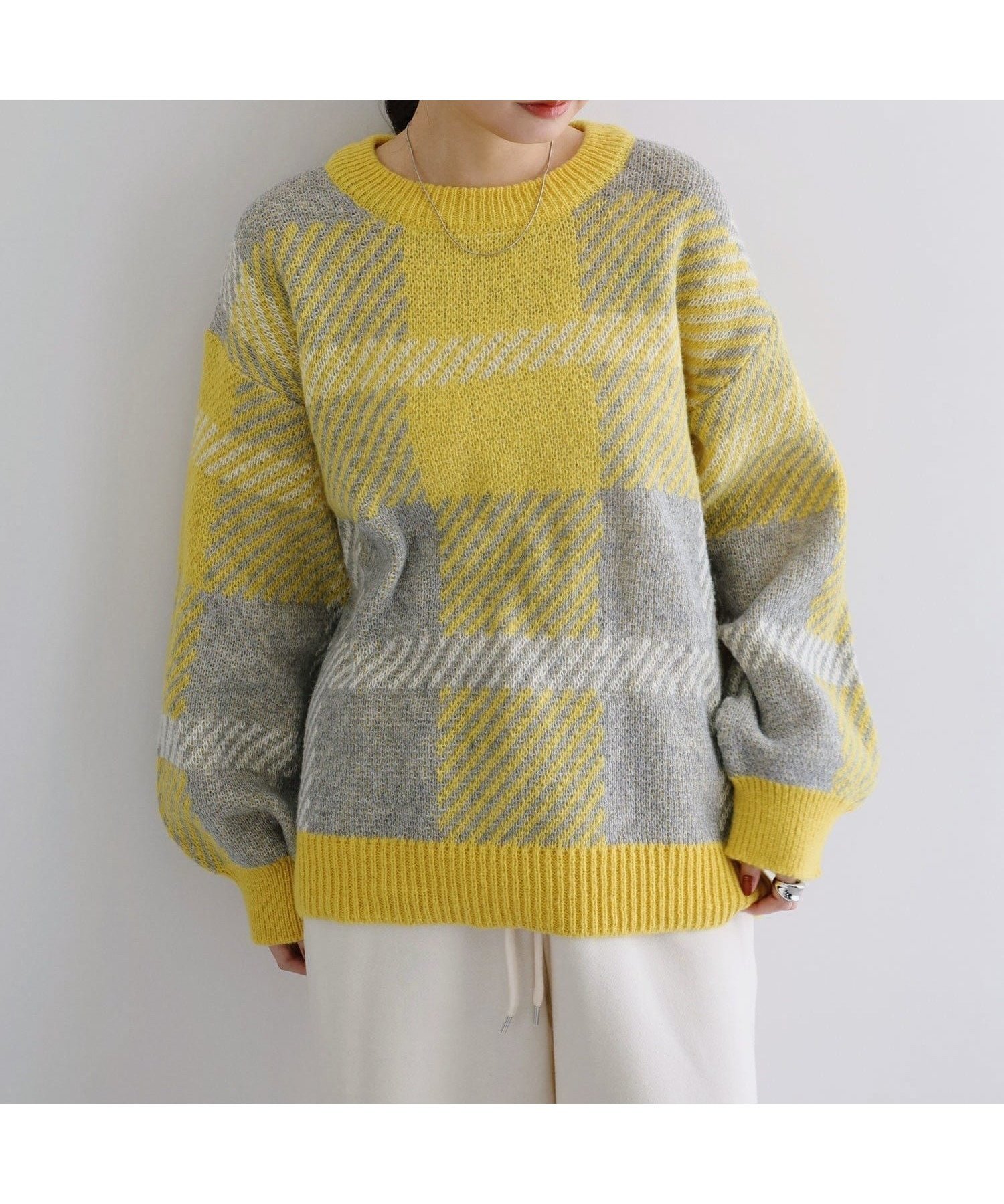 【アンドミー/andme】のモヘアライク チェックジャガード ニットトップス インテリア・キッズ・メンズ・レディースファッション・服の通販 founy(ファニー) ファッション Fashion レディースファッション Fashion for Women トップス・カットソー Cut & Sew Tops ニット Knit Tops & Sweaters コンパクト Compact, Small Size チェック Check, Plaid, Tartan バランス Balance, Style Balance ボトム Bottoms, Lower Wear 冬 Winter / This Winter イエロー|ID: prp329100004797871 ipo3291000000034811634