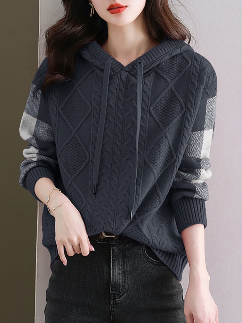 【ドゥーベル/Doux Belle】のケーブル編みボーダー袖フード付きニット レディース ニット インテリア・キッズ・メンズ・レディースファッション・服の通販 founy(ファニー) 　ファッション　Fashion　レディースファッション　Fashion for Women　トップス・カットソー　Cut & Sew Tops　ニット　Knit Tops & Sweaters　春　Spring　秋　Autumn　ストライプ　Stripe, Striped Pattern　長袖　Long Sleeve, Full Sleeve　ボーダー　Border, Stripe　ポケット　Pocket, Pocket Detail　ロング　Long, Long-Length　冬　Winter / This Winter　A/W・秋冬　Autumn/Winter　ダークグレー|ID: prp329100004797997 ipo3291000000035226784