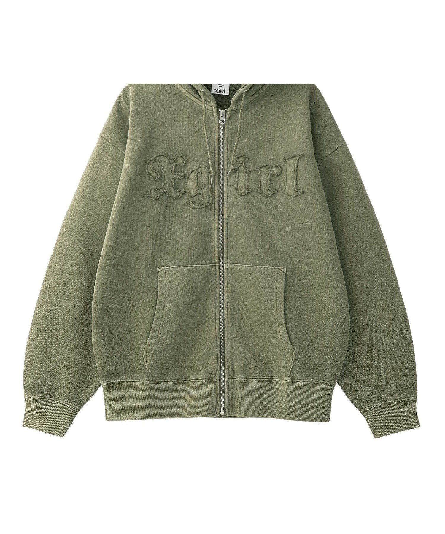 【エックスガール/X-girl】のLOGO PATCH PIGMENT DYED ZIP UP SWEAT HD インテリア・キッズ・メンズ・レディースファッション・服の通販 founy(ファニー) 　ファッション　Fashion　レディースファッション　Fashion for Women　トップス・カットソー　Cut & Sew Tops　レディースパーカー・カジュアルフーディー　Casual Hoodies & Sweatshirts　スウェット・クルーネックトップス　Sweatshirts & Crewnecks / Relaxed Fit Sweat Tops　おすすめ　Recommended / Our Picks　シンプル　Simple, Minimal　スウェット / スエット　Sweatshirt, Sweatwear　デニム　Denim, Jeans Material　パッチ　Patch, Appliqué　フロント　Front, Front Design　ミニスカート　Mini Skirt, Short Skirt　ロング　Long, Long-Length　A/W・秋冬　Autumn/Winter　長袖　Long Sleeve, Full Sleeve　OLIVE|ID: prp329100004798114 ipo3291000000034949056
