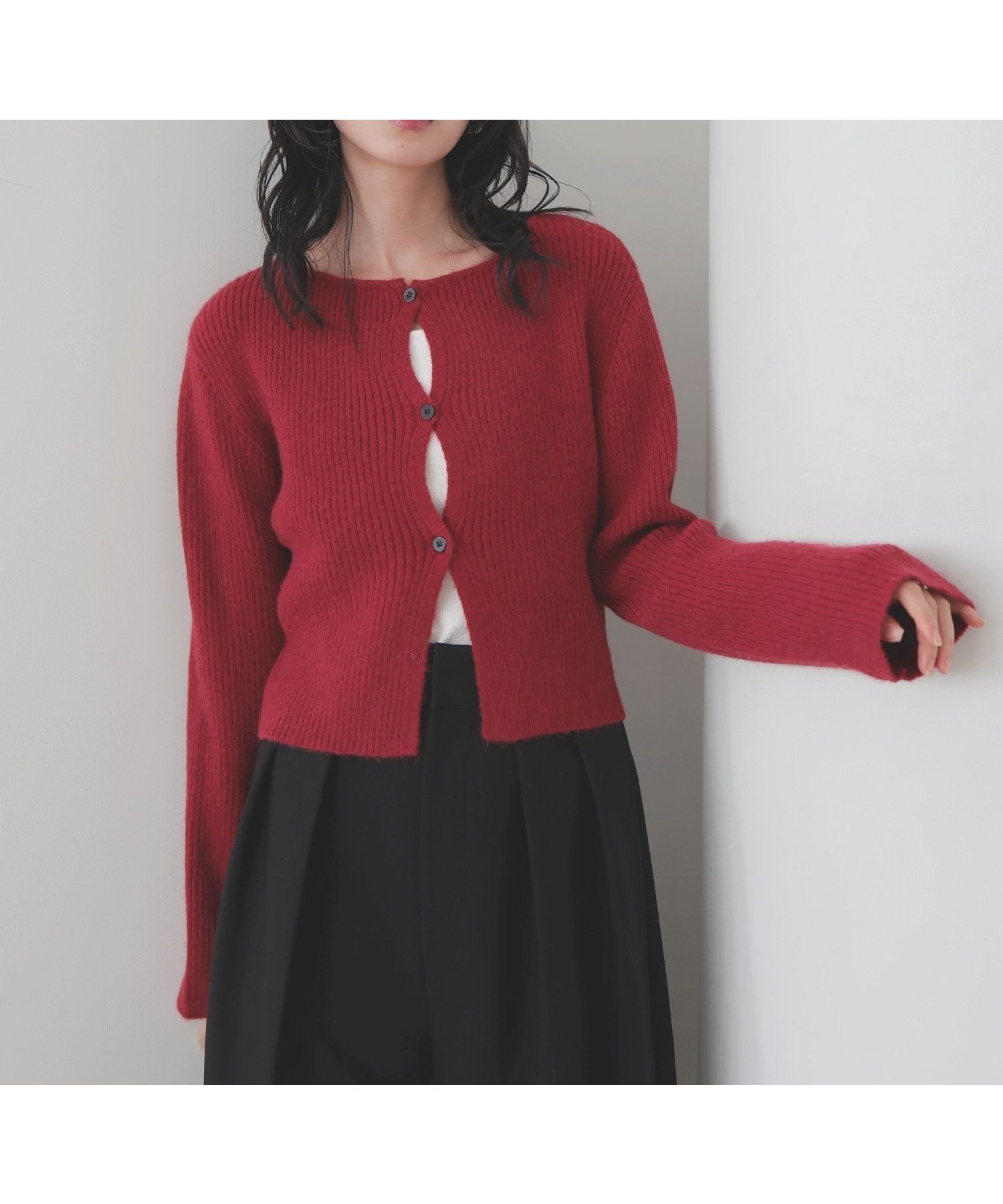 【リアン/Lian】のセンターホールリブニットカーディガン インテリア・キッズ・メンズ・レディースファッション・服の通販 founy(ファニー) 　ファッション　Fashion　レディースファッション　Fashion for Women　トップス・カットソー　Cut & Sew Tops　ニット　Knit Tops & Sweaters　カーディガン・羽織り　Layered Style Cardigans　カーディガン　Cardigan, Knitwear　ショート　Short, Short Length　センター　Center, Center Line　レッド|ID: prp329100004798162 ipo3291000000035179625