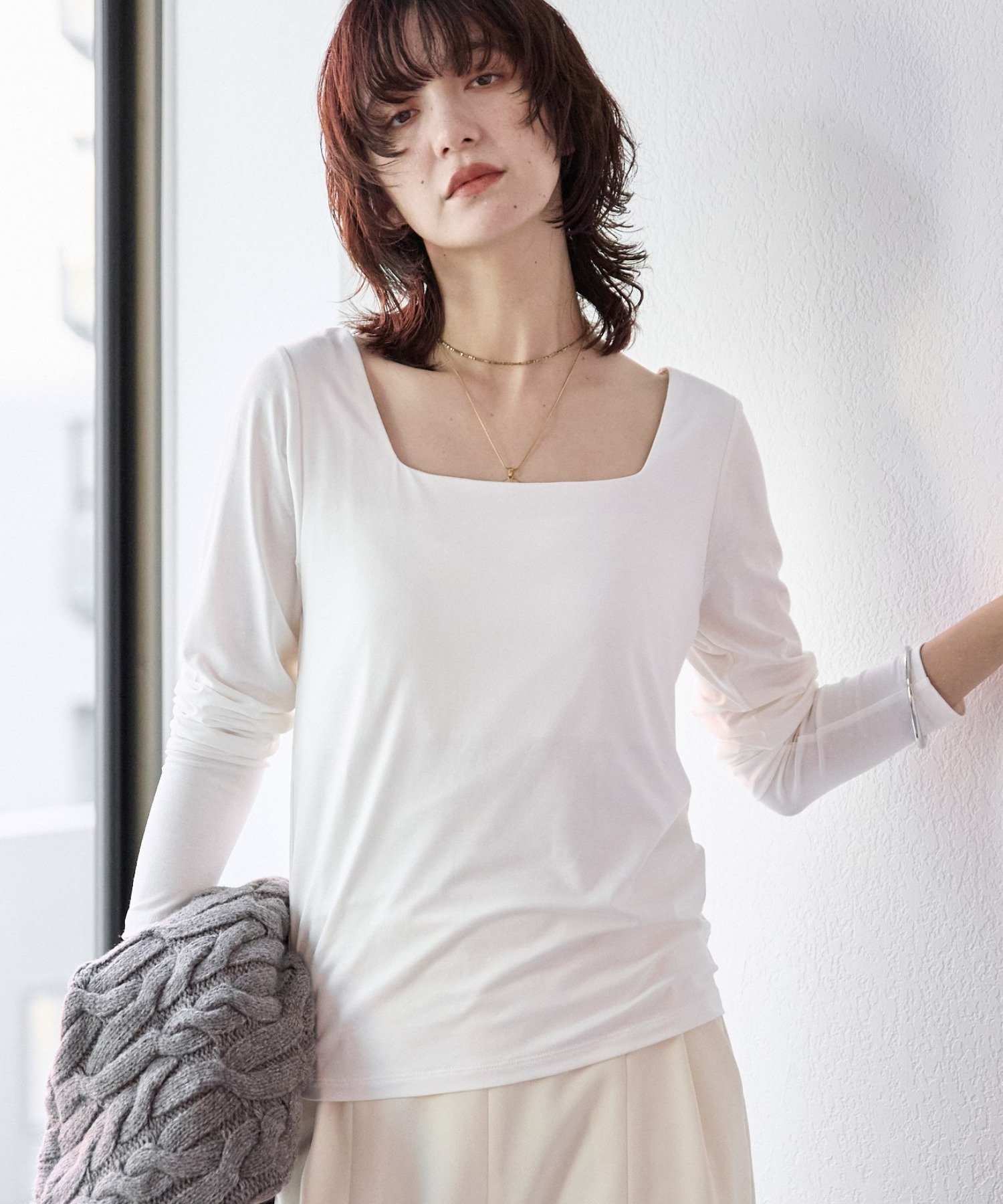 【リヴドロワ/RIVE DROITE】の【ニットのインナーにも】スクエアネックカットソー インテリア・キッズ・メンズ・レディースファッション・服の通販 founy(ファニー) 　ファッション　Fashion　レディースファッション　Fashion for Women　トップス・カットソー　Cut & Sew Tops　ニット　Knit Tops & Sweaters　カットソー・ベーシックTシャツ　Cut-and-Sewn Tops / Stretch Tees & Basics　インナー　Innerwear　カットソー　Cut and Sewn Top　コンパクト　Compact, Small Size　スキッパー　Skipper, Open Collar　スクエア　Square, Square Shape　ストレッチ　Stretch, Stretchy Fabric　再入荷　Restock / Back in Stock　おすすめ　Recommended / Our Picks　ホワイト|ID: prp329100004798482 ipo3291000000035083309