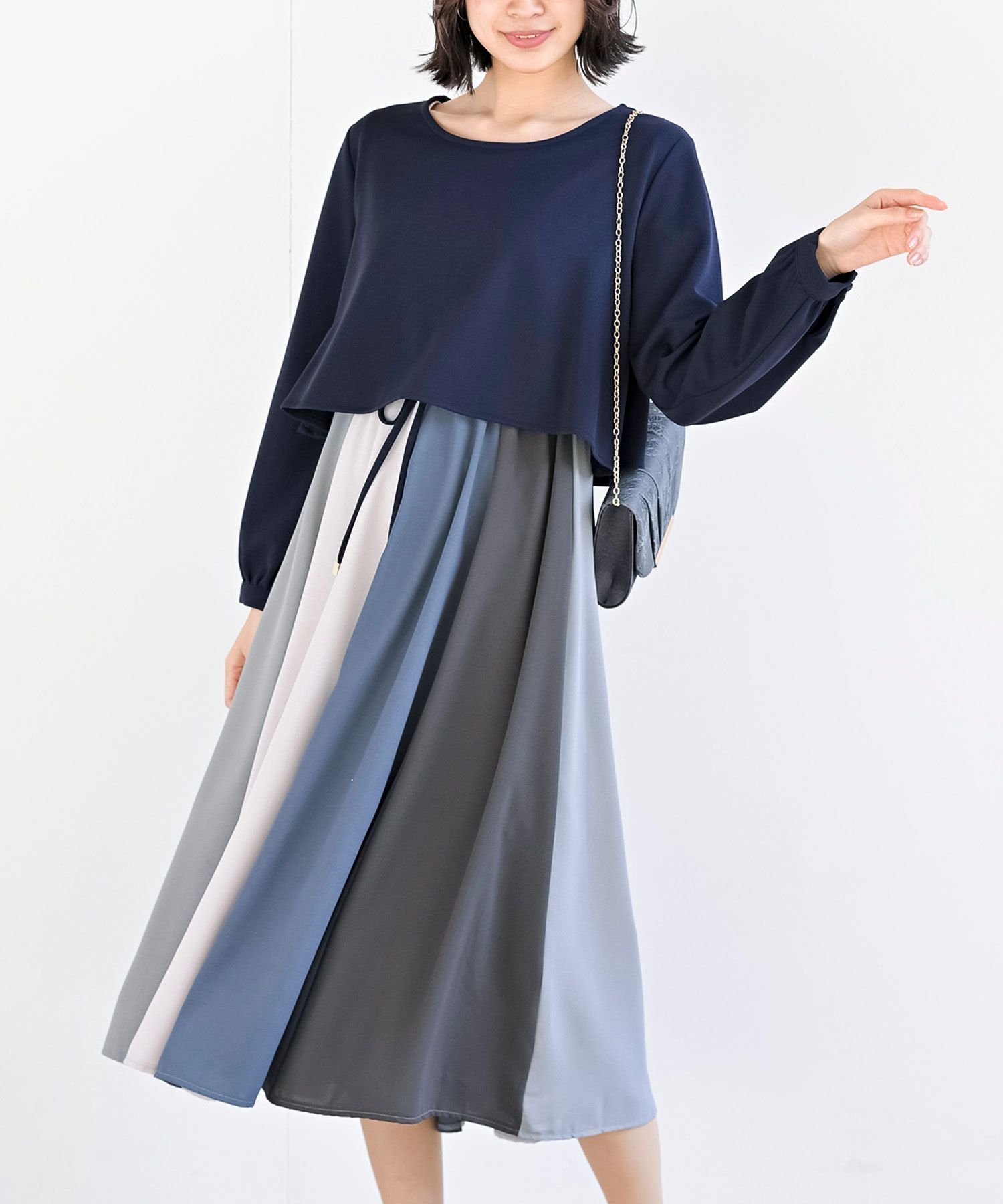 【アールピーエス/rps】のカラフルパッチワークドッキングワンピース インテリア・キッズ・メンズ・レディースファッション・服の通販 founy(ファニー) ファッション Fashion レディースファッション Fashion for Women ワンピース Dresses カラフル Colorful Design ジョーゼット Georgette, Semi-Sheer Fabric ストレッチ Stretch, Stretchy Fabric ドッキング Docking, Mixed Material パッチワーク Patchwork, Mixed Fabric リボン Ribbon, Bow 再入荷 Restock / Back in Stock 無地 Plain, Solid Color ダークネイビー|ID: prp329100004798842 ipo3291000000034818387