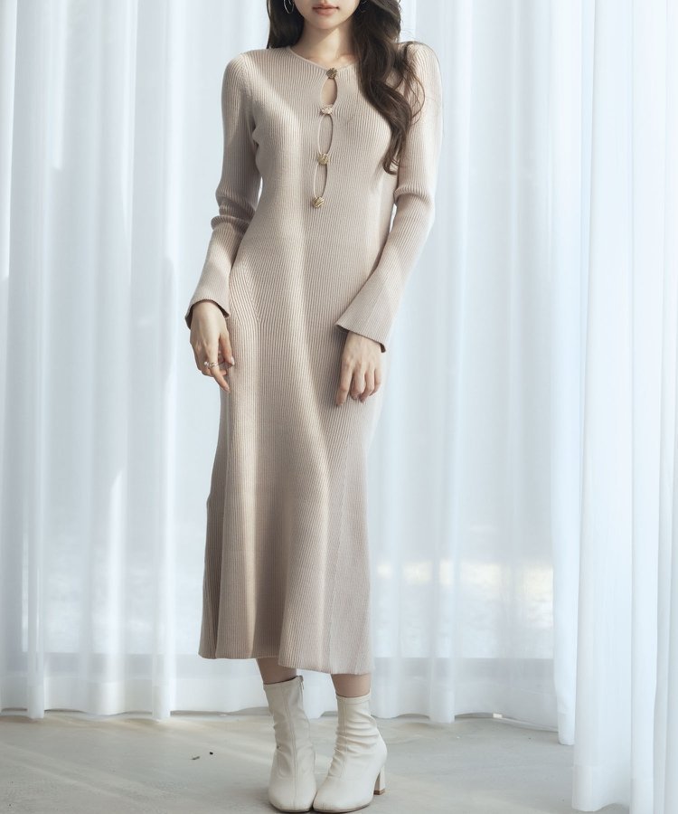 【セゾンドパピヨン/SAISON DE PAPILLON】の涙開き風ミモレ丈ニットワンピース インテリア・キッズ・メンズ・レディースファッション・服の通販 founy(ファニー) ファッション Fashion レディースファッション Fashion for Women ワンピース Dresses ニットワンピース Knit Dresses エレガント 上品 Elegant フィット Fit, Slim Fit フロント Front, Front Design ペンシル Pencil, Pencil Skirt リブニット Rib Knit, Ribbed Knit ベージュ|ID: prp329100004798887 ipo3291000000034872382