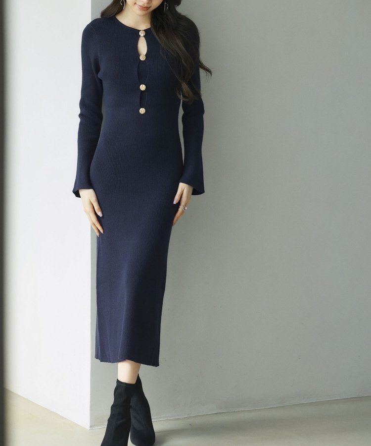 【セゾンドパピヨン/SAISON DE PAPILLON】の涙開き風ミモレ丈ニットワンピース インテリア・キッズ・メンズ・レディースファッション・服の通販 founy(ファニー) ファッション Fashion レディースファッション Fashion for Women ワンピース Dresses ニットワンピース Knit Dresses エレガント 上品 Elegant フィット Fit, Slim Fit フロント Front, Front Design ペンシル Pencil, Pencil Skirt リブニット Rib Knit, Ribbed Knit ネイビー|ID: prp329100004798887 ipo3291000000034872384