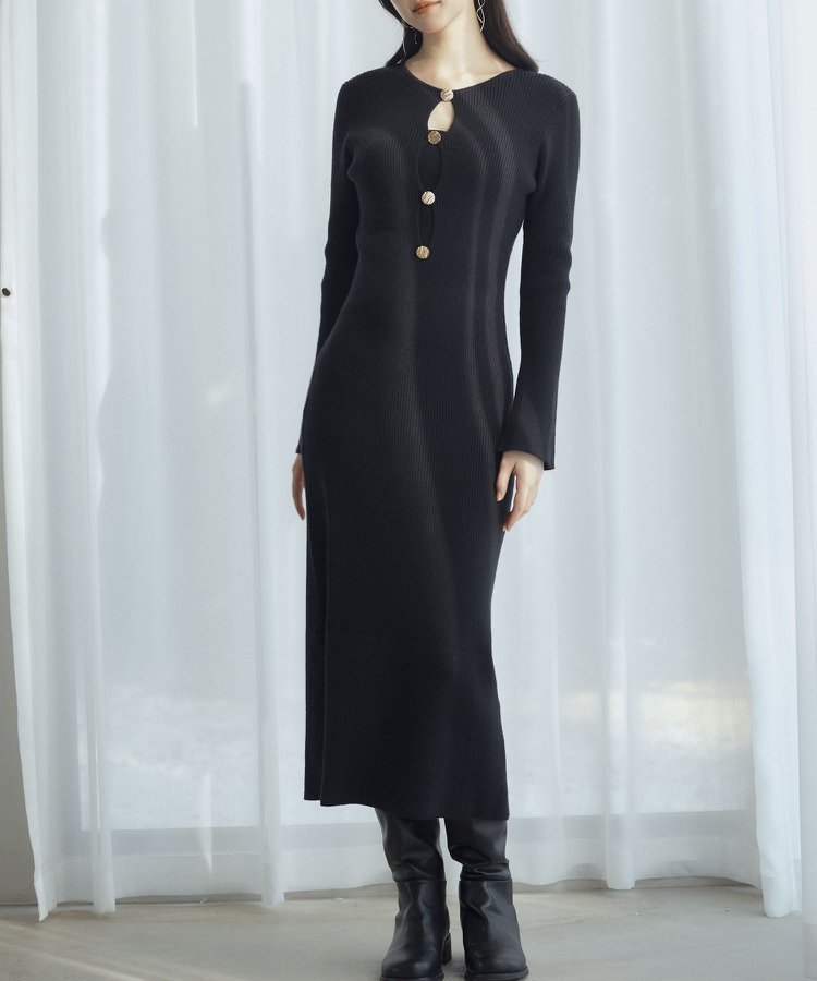 【セゾンドパピヨン/SAISON DE PAPILLON】の涙開き風ミモレ丈ニットワンピース インテリア・キッズ・メンズ・レディースファッション・服の通販 founy(ファニー) ファッション Fashion レディースファッション Fashion for Women ワンピース Dresses ニットワンピース Knit Dresses エレガント 上品 Elegant フィット Fit, Slim Fit フロント Front, Front Design ペンシル Pencil, Pencil Skirt リブニット Rib Knit, Ribbed Knit ブラック|ID: prp329100004798887 ipo3291000000034872385