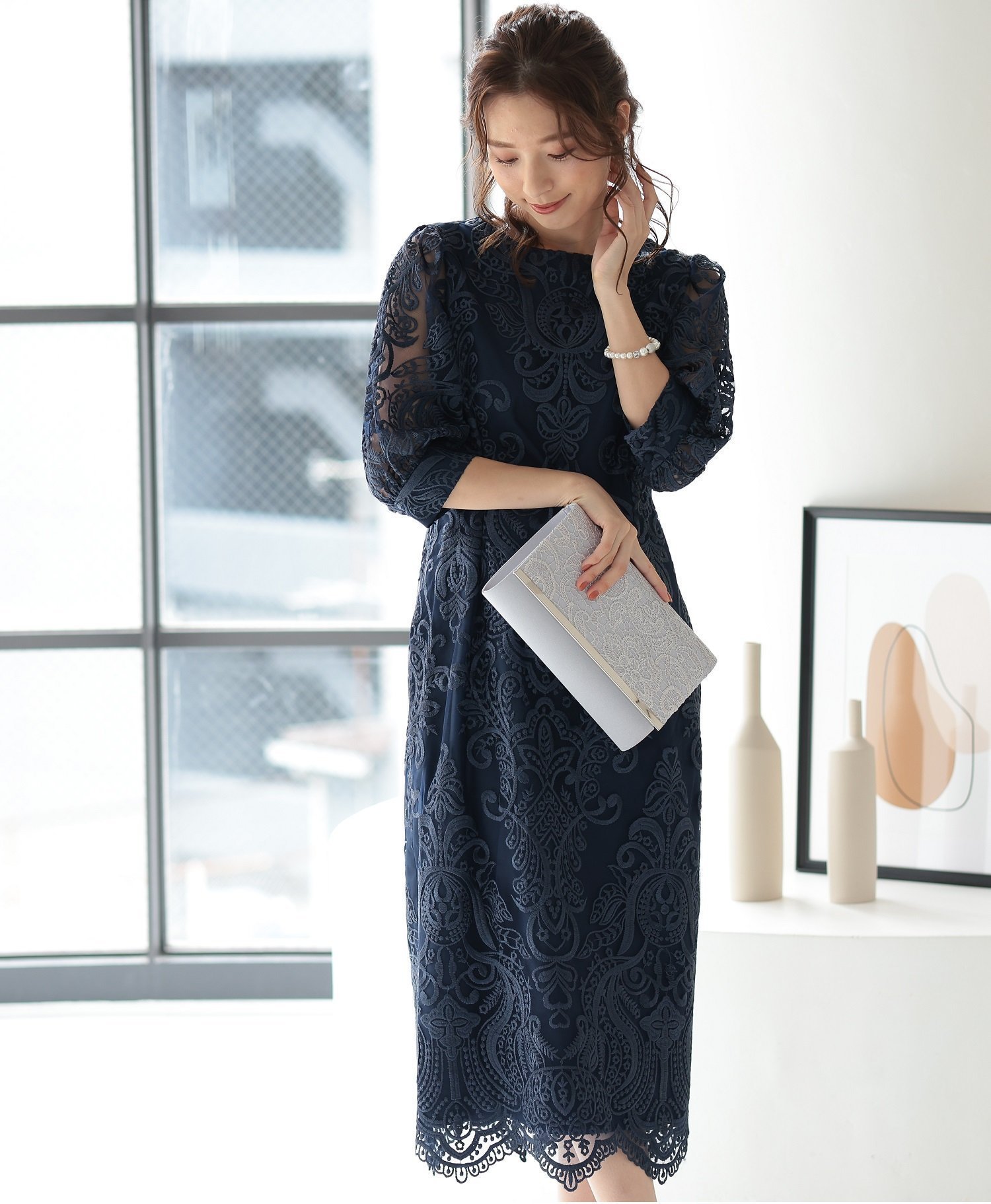 【プレフェリール/PREFERIR】の刺繍レースバックリボン結婚式パーティードレス インテリア・キッズ・メンズ・レディースファッション・服の通販 founy(ファニー) 　ファッション　Fashion　レディースファッション　Fashion for Women　ワンピース　Dresses　フォーマル・パーティードレス・結婚式用ドレス　Elegant & Casual Dresses　アクセサリー　Fashion Accessories　スカラップ　Scallop, Scalloped Edge　ドレス　Dress, One-Piece　ラベンダー　Lavender　ロング　Long, Long-Length　結婚式　Wedding　ネイビー|ID: prp329100004798947 ipo3291000000034906517