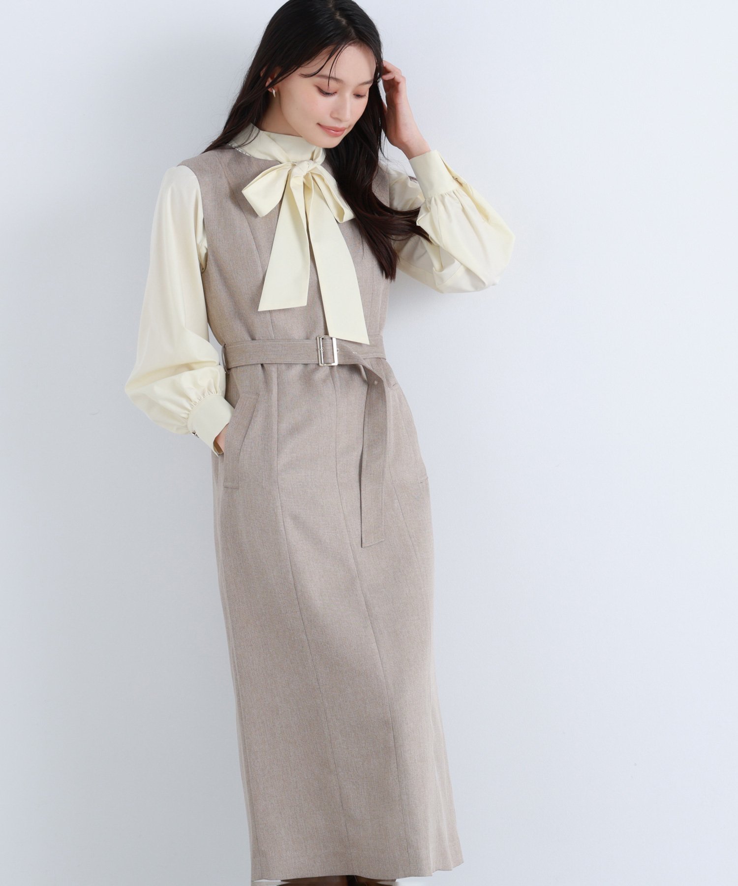 【ナチュラル ビューティー ベーシック/NATURAL BEAUTY BASIC】のキーネックベルテッドジャンスカ インテリア・キッズ・メンズ・レディースファッション・服の通販 founy(ファニー) 　ファッション　Fashion　レディースファッション　Fashion for Women　インナー　Innerwear　コンパクト　Compact, Small Size　センター　Center, Center Line　メランジ　Melange, Mixed Yarn　ロング　Long, Long-Length　ベージュミックス2|ID: prp329100004798954 ipo3291000000034906846