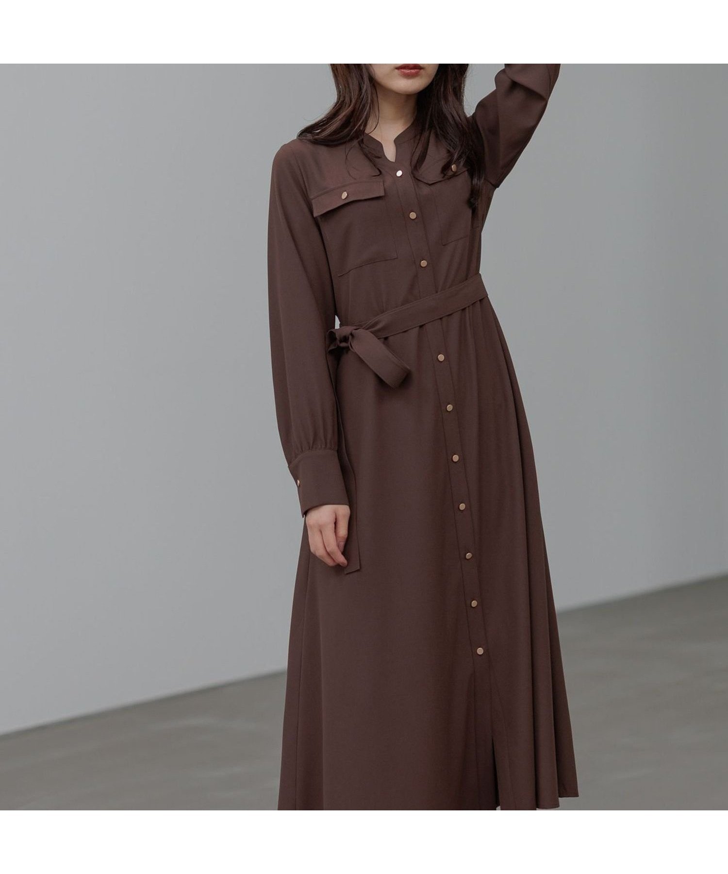 【アンデミュウ/Andemiu】の【WEB限定】キンボタンサファリワンピース インテリア・キッズ・メンズ・レディースファッション・服の通販 founy(ファニー) 　ファッション　Fashion　レディースファッション　Fashion for Women　ワンピース　Dresses　エレガント 上品　Elegant　スキッパー　Skipper, Open Collar　タイツ　Tights, Legwear　フレア　Flare, Flared　ポケット　Pocket, Pocket Detail　ロング　Long, Long-Length　A/W・秋冬　Autumn/Winter　ブラウン|ID: prp329100004799042 ipo3291000000034939173