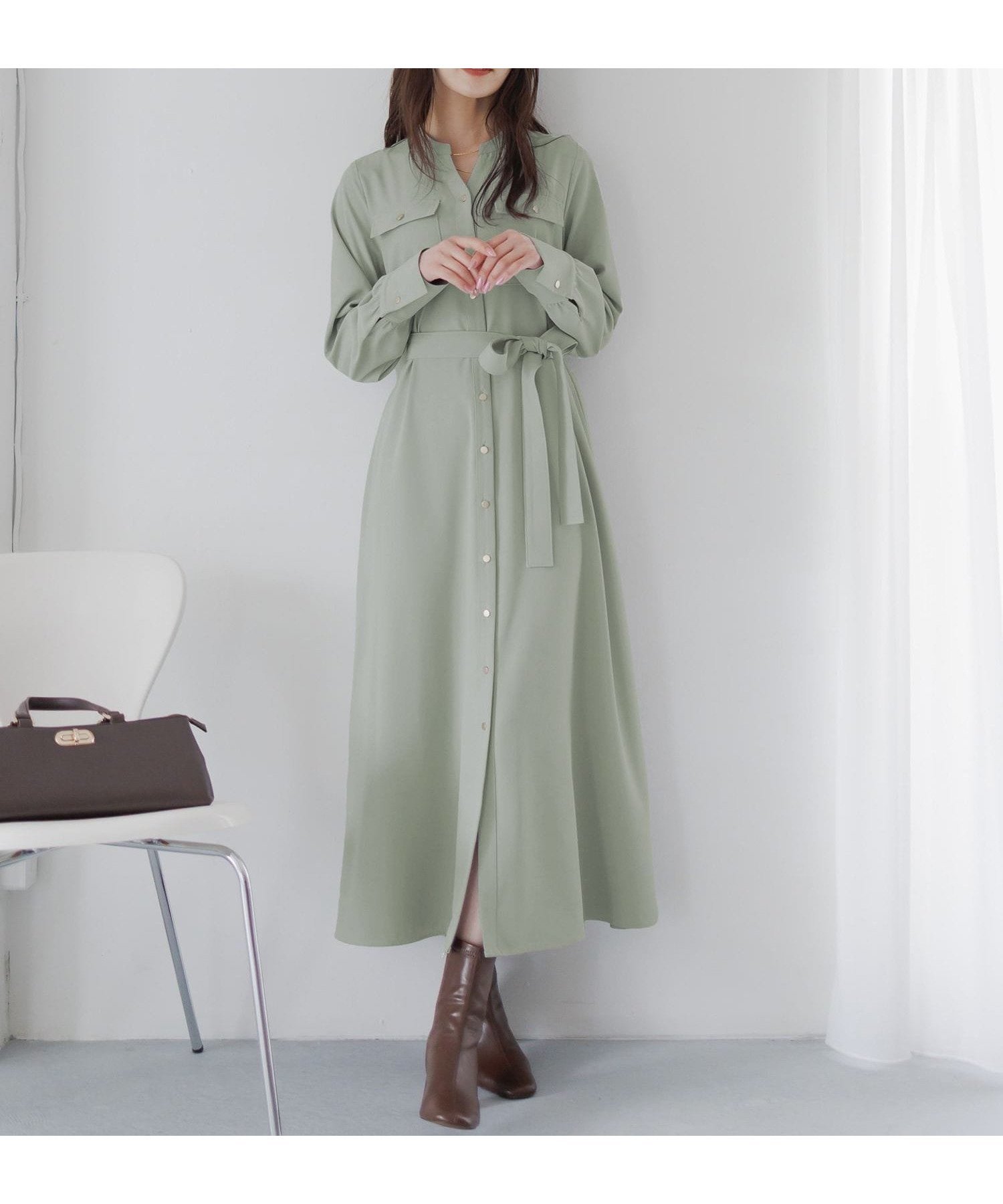 【アンデミュウ/Andemiu】の【WEB限定】キンボタンサファリワンピース インテリア・キッズ・メンズ・レディースファッション・服の通販 founy(ファニー) 　ファッション　Fashion　レディースファッション　Fashion for Women　ワンピース　Dresses　エレガント 上品　Elegant　スキッパー　Skipper, Open Collar　タイツ　Tights, Legwear　フレア　Flare, Flared　ポケット　Pocket, Pocket Detail　ロング　Long, Long-Length　A/W・秋冬　Autumn/Winter　ライトグリーン|ID: prp329100004799042 ipo3291000000034939174