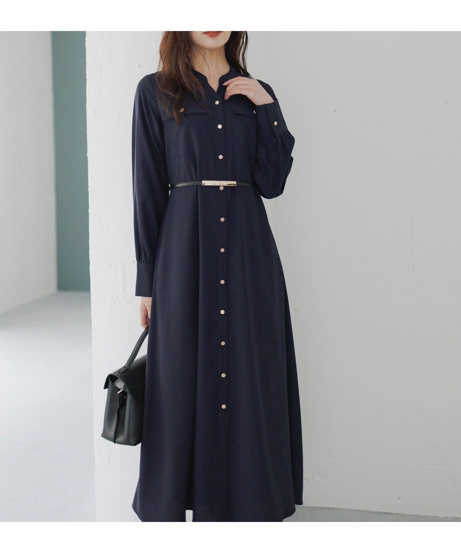 【アンデミュウ/Andemiu】の【WEB限定】キンボタンサファリワンピース インテリア・キッズ・メンズ・レディースファッション・服の通販 founy(ファニー) 　ファッション　Fashion　レディースファッション　Fashion for Women　ワンピース　Dresses　エレガント 上品　Elegant　スキッパー　Skipper, Open Collar　タイツ　Tights, Legwear　フレア　Flare, Flared　ポケット　Pocket, Pocket Detail　ロング　Long, Long-Length　A/W・秋冬　Autumn/Winter　ネイビー|ID: prp329100004799042 ipo3291000000034939176