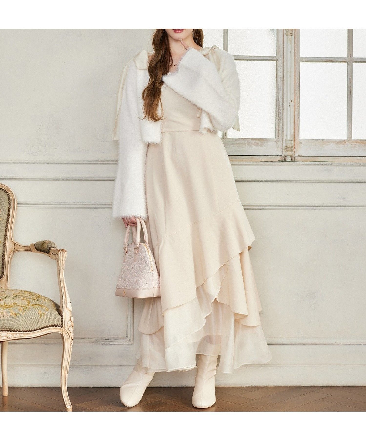 【ナイスクラップ/NICE CLAUP】の【HolidayCollection】ニットSETイレヘムワンピース インテリア・キッズ・メンズ・レディースファッション・服の通販 founy(ファニー) 　ファッション　Fashion　レディースファッション　Fashion for Women　ワンピース　Dresses　カーディガン　Cardigan, Knitwear　キャミワンピース　Cami Dress, Slip Dress　デニム　Denim, Jeans Material　ハイネック　High Neck, Mock Neck　フェミニン　Feminine, Girly　リボン　Ribbon, Bow　冬　Winter / This Winter　再入荷　Restock / Back in Stock　おすすめ　Recommended / Our Picks　2025年　2025　2025-2026秋冬・A/W　Autumn/Winter 2025–26 AW25–26　アイボリー|ID: prp329100004799211 ipo3291000000034883229