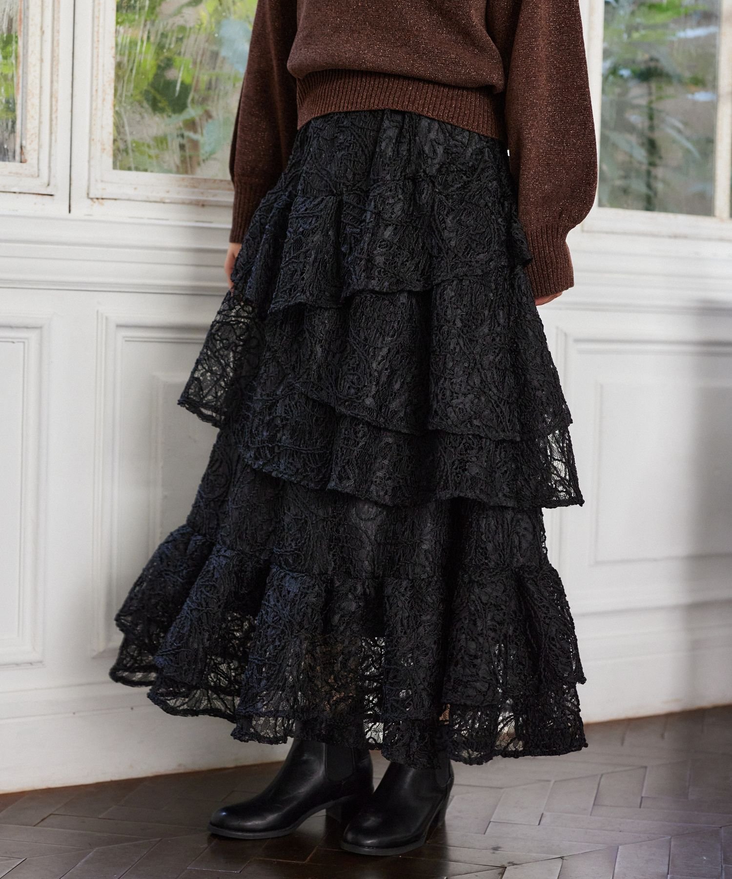 【ミスティ ウーマン/mysty woman】の起毛レースティアードスカート インテリア・キッズ・メンズ・レディースファッション・服の通販 founy(ファニー) ファッション Fashion レディースファッション Fashion for Women スカート Skirts ティアードスカート Tiered Skirts おすすめ Recommended / Our Picks カーディガン Cardigan, Knitwear ティアード Tiered, Tiered Style ティアードスカート Tiered Skirt, Flounced Skirt リラックス Relax, Relaxed Fit レース Lace, Lace Fabric A/W・秋冬 Autumn/Winter ブラック|ID: prp329100004799792 ipo3291000000034823830