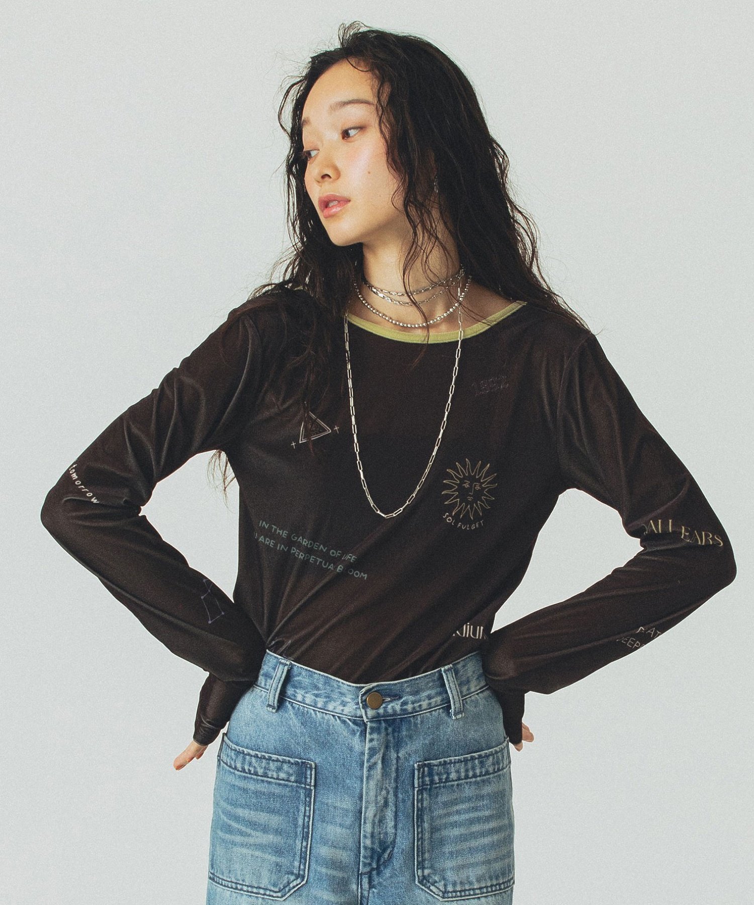 【ローズバッド/ROSE BUD】のSHEER VELOUR L/S TEE インテリア・キッズ・メンズ・レディースファッション・服の通販 founy(ファニー) ファッション Fashion レディースファッション Fashion for Women トップス・カットソー Cut & Sew Tops ベロアトップス Velour Tops / Velvet-Look Items シアー Sheer, See-Through シンプル Simple, Minimal デニム Denim, Jeans Material パイピング Piping, Trim Design プリント Print, Printed Pattern ベロア Velour, Soft Velvet BROWN|ID: prp329100004799847 ipo3291000000034824127