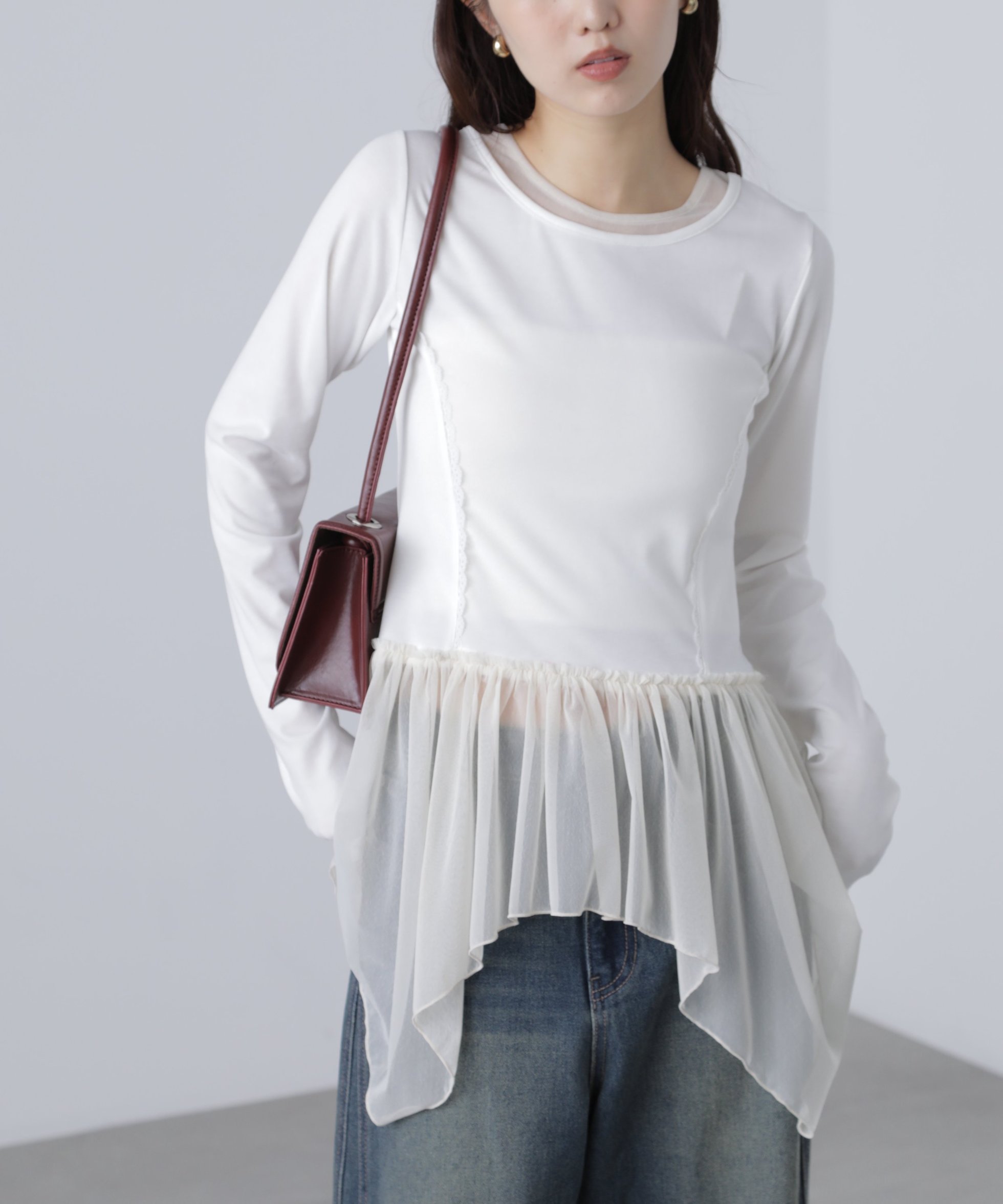 【フリーズマート/FREE'S MART】のイレヘムチュールドッキングカットソー 人気、トレンドファッション・服の通販 founy(ファニー) ファッション Fashion レディースファッション Fashion for Women トップス・カットソー Cut & Sew Tops カットソー・ベーシックTシャツ Cut-and-Sewn Tops / Stretch Tees & Basics イレギュラーヘム Irregular Hem ギャザー Gathered, Ruffled チュール Tulip, Tulip Motif デニム Denim, Jeans Material レース Lace, Lace Fabric other-1|ID: prp329100004799862 ipo3291000000034824200