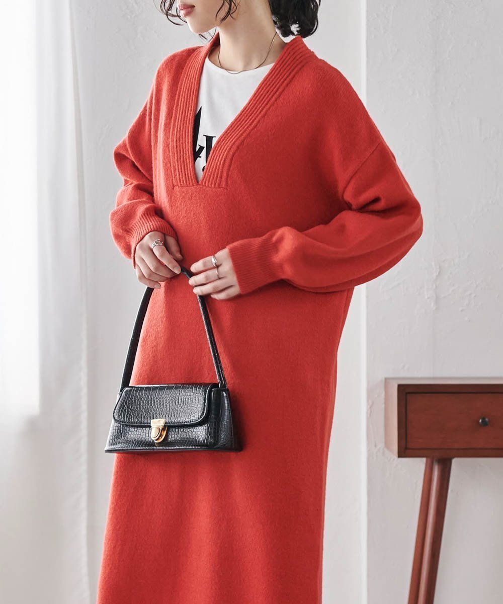 【ラナン/Ranan】のディープVネックニットワンピース インテリア・キッズ・メンズ・レディースファッション・服の通販 founy(ファニー) 　ファッション　Fashion　レディースファッション　Fashion for Women　ワンピース　Dresses　ニットワンピース　Knit Dresses　インナー　Innerwear　エレガント 上品　Elegant　オレンジレッド|ID: prp329100004799991 ipo3291000000034824923