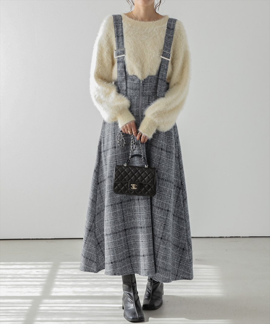 【ラジュール/Lajour】のツイード調ジャンパースカート インテリア・キッズ・メンズ・レディースファッション・服の通販 founy(ファニー) 　ファッション　Fashion　レディースファッション　Fashion for Women　スカート　Skirts　クラシカル　Classical, Vintage-Inspired　シルバー　Silver, Metallic Silver　ツイード　Twill, Twill Weave　フロント　Front, Front Design　グレーチェック|ID: prp329100004800003 ipo3291000000034948728