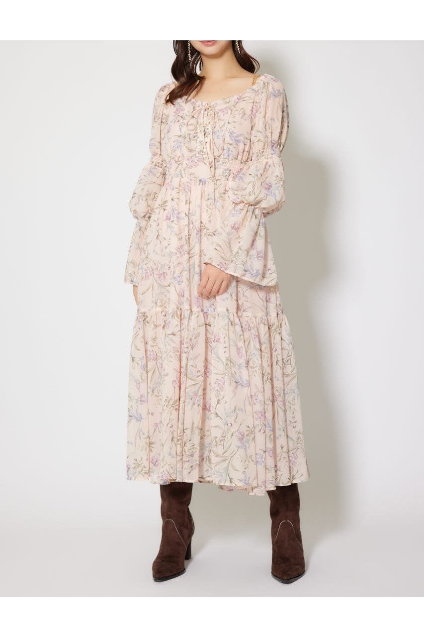 【リエンダ/rienda】のレースアップフラワーパターンフレアワンピース インテリア・キッズ・メンズ・レディースファッション・服の通販 founy(ファニー) 　ファッション　Fashion　レディースファッション　Fashion for Women　ワンピース　Dresses　チェーン　Chain, Chain Strap　トレンド　Trend, Trending Now　フラワー　Flower, Floral　プリント　Print, Printed Pattern　ミュール　Mule, Backless Shoes　レース　Lace, Lace Fabric　エレガント 上品　Elegant　再入荷　Restock / Back in Stock　L/PNK1|ID: prp329100004800618 ipo3291000000035169791