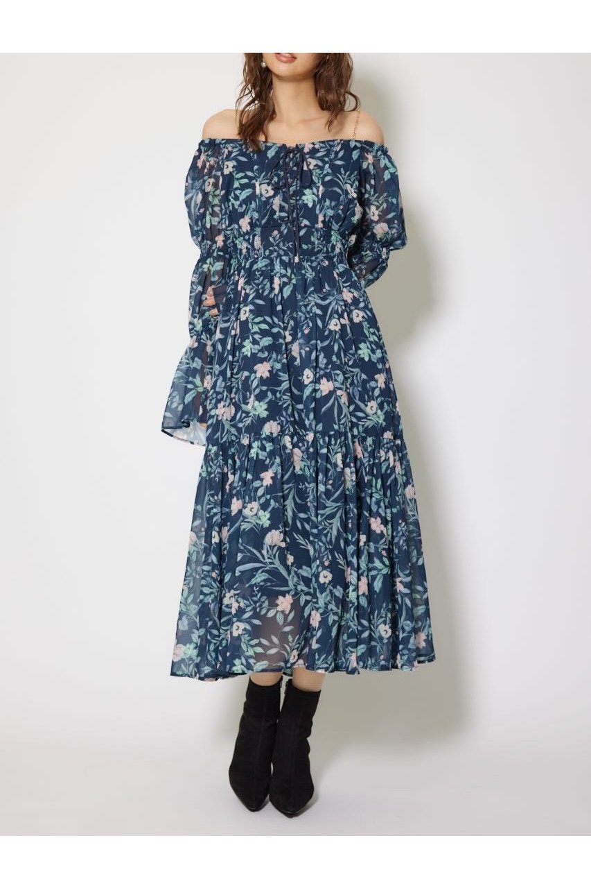 【リエンダ/rienda】のレースアップフラワーパターンフレアワンピース インテリア・キッズ・メンズ・レディースファッション・服の通販 founy(ファニー) 　ファッション　Fashion　レディースファッション　Fashion for Women　ワンピース　Dresses　チェーン　Chain, Chain Strap　トレンド　Trend, Trending Now　フラワー　Flower, Floral　プリント　Print, Printed Pattern　ミュール　Mule, Backless Shoes　レース　Lace, Lace Fabric　エレガント 上品　Elegant　再入荷　Restock / Back in Stock　NVY|ID: prp329100004800618 ipo3291000000035169792