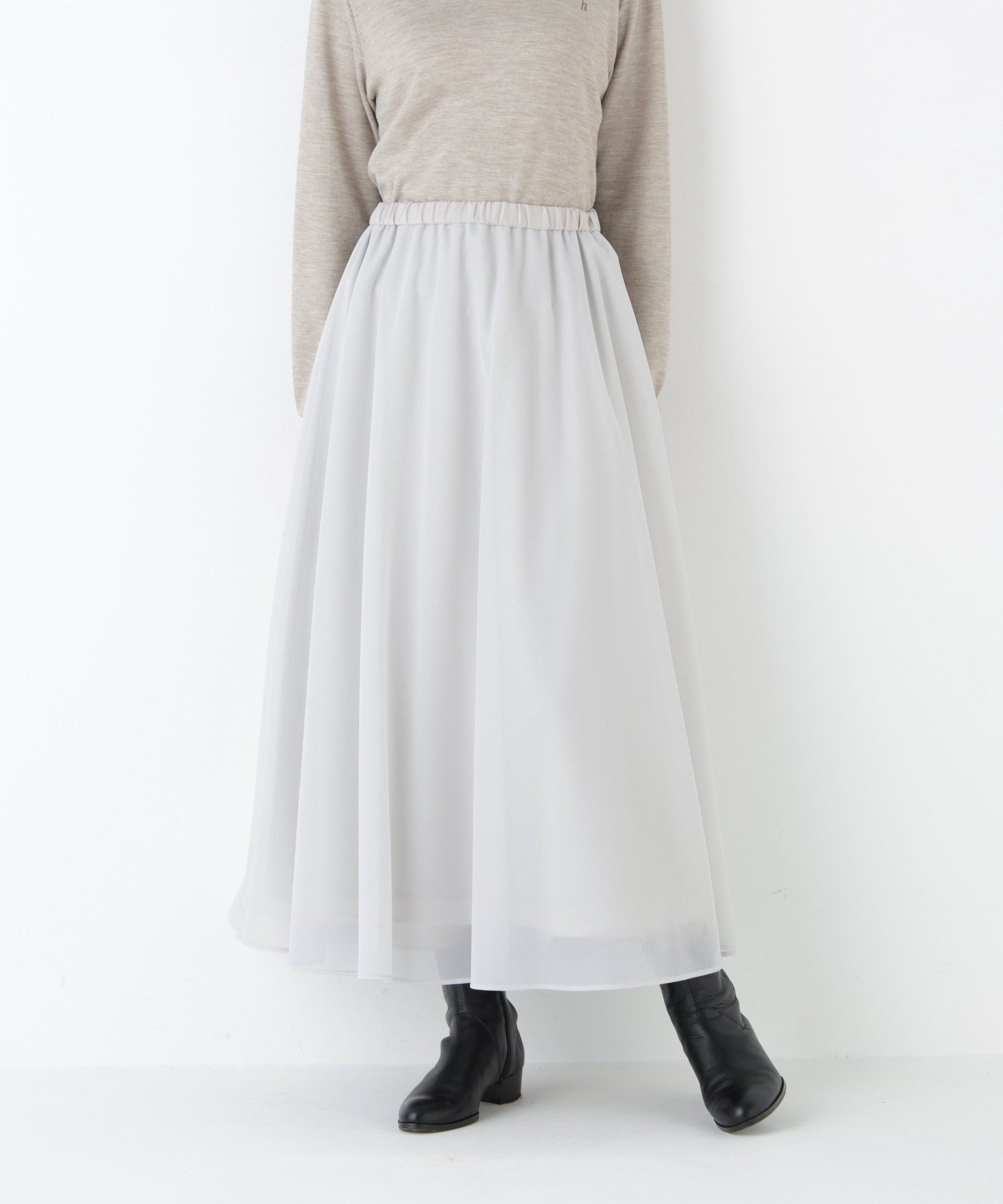 【ヒューマンウーマン/HUMAN WOMAN】のオーガンジートリコットギャザースカート インテリア・キッズ・メンズ・レディースファッション・服の通販 founy(ファニー) 　ファッション　Fashion　レディースファッション　Fashion for Women　スカート　Skirts　おすすめ　Recommended / Our Picks　エアリー　Airy Texture　オーガンジー　Organza Fabric　ギャザー　Gathered, Ruffled　スタンダード　Standard, Basic　軽量　Lightweight, Ultra Light　ライトグレー|ID: prp329100004800650 ipo3291000000035187735