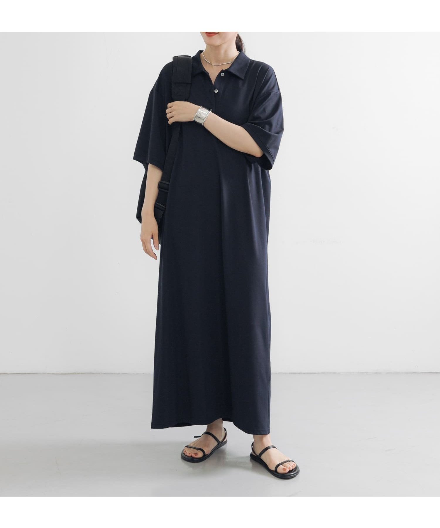 【アーバンリサーチ/URBAN RESEARCH】のレーヨンナイロンシャツカラーワンピース インテリア・キッズ・メンズ・レディースファッション・服の通販 founy(ファニー) 　ファッション　Fashion　レディースファッション　Fashion for Women　ワンピース　Dresses　2025年　2025　2025-2026秋冬・A/W　Autumn/Winter 2025–26 AW25–26　冬　Winter / This Winter　カットソー　Cut and Sewn Top　サンダル　Sandals, Summer Shoes　ストレッチ　Stretch, Stretchy Fabric　ストレート　Straight, Straight Cut　トレンド　Trend, Trending Now　リゾート　Resort, Vacation Style　リラックス　Relax, Relaxed Fit　エレガント 上品　Elegant　A/W・秋冬　Autumn/Winter　NAVY|ID: prp329100004800694 ipo3291000000035168470