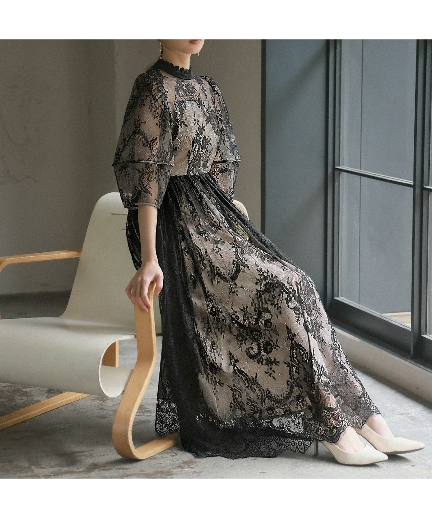 【ガール/GIRL】のランタンスリーブ総レースフレアロング丈 結婚式 ワンピース ドレス インテリア・キッズ・メンズ・レディースファッション・服の通販 founy(ファニー) 　ファッション　Fashion　レディースファッション　Fashion for Women　ワンピース　Dresses　フォーマル・パーティードレス・結婚式用ドレス　Elegant & Casual Dresses　オーガンジー　Organza Fabric　ギャザー　Gathered, Ruffled　スタンド　Stand Collar, Upright Stand　スリーブ　Sleeve, Long Sleeve / Short Sleeve　ドレス　Dress, One-Piece　フレア　Flare, Flared　ヨーク　Yoke, Yoke Design　リラックス　Relax, Relaxed Fit　レース　Lace, Lace Fabric　再入荷　Restock / Back in Stock　結婚式　Wedding　披露宴　Wedding Reception　二次会　After Party　BK|ID: prp329100004800735 ipo3291000000034967868